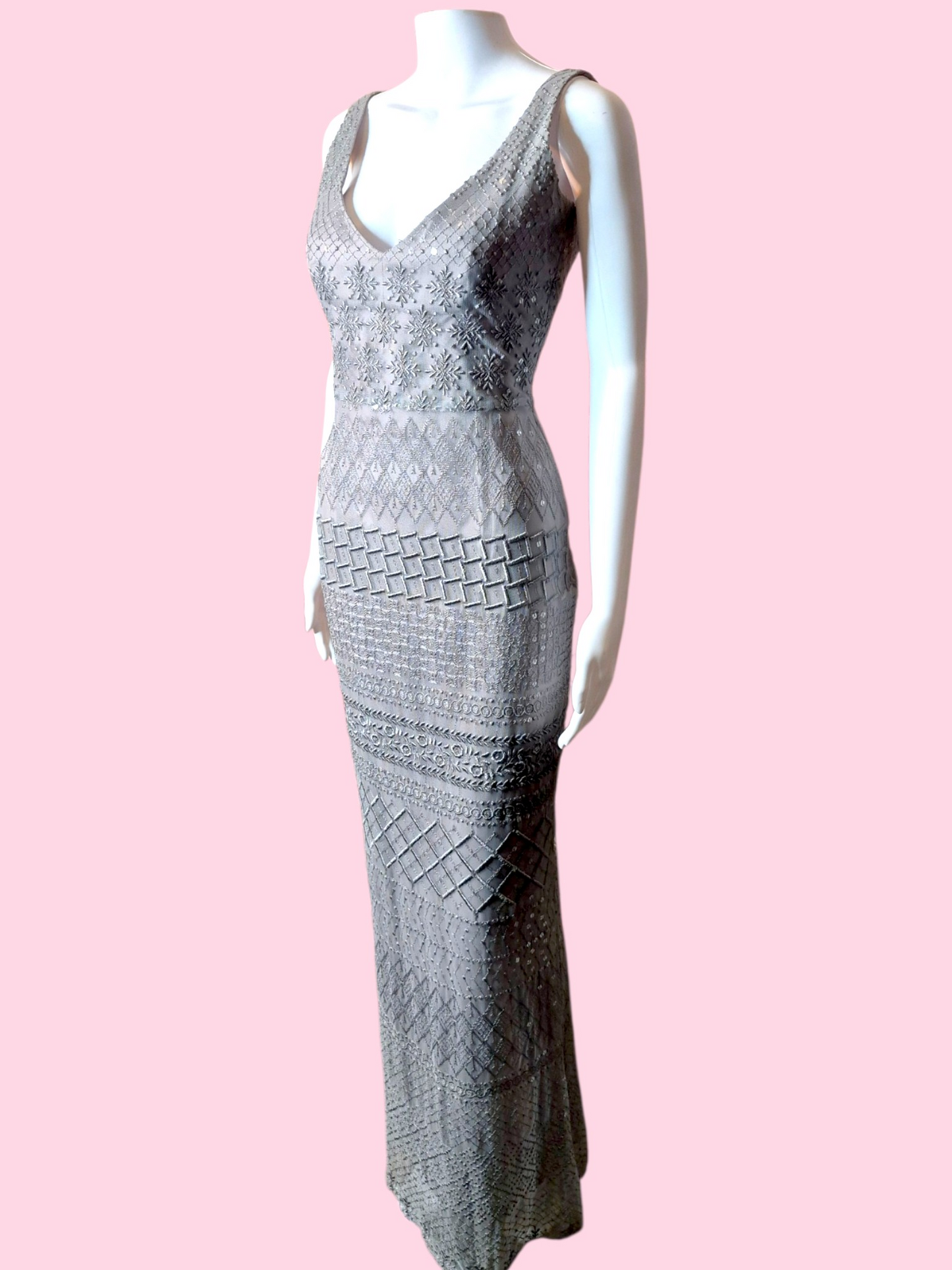 ⭐️Designer⭐️ Vintage 1990s Archival Ineptie Paris Art Deco Embroidered Column Gown with Sequins