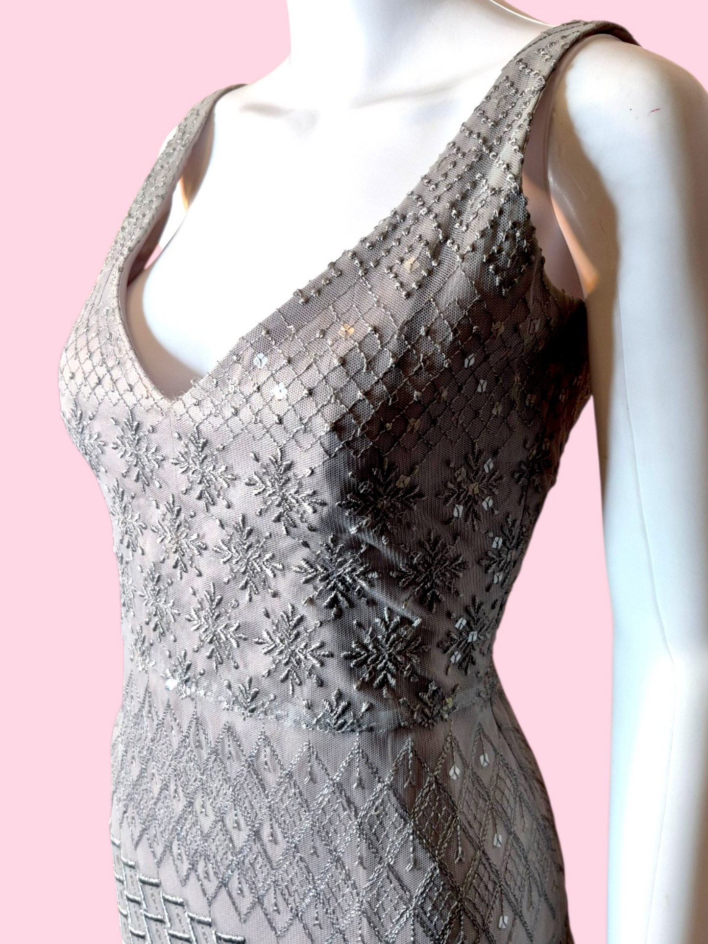 ⭐️Designer⭐️ Vintage 1990s Archival Ineptie Paris Art Deco Embroidered Column Gown with Sequins
