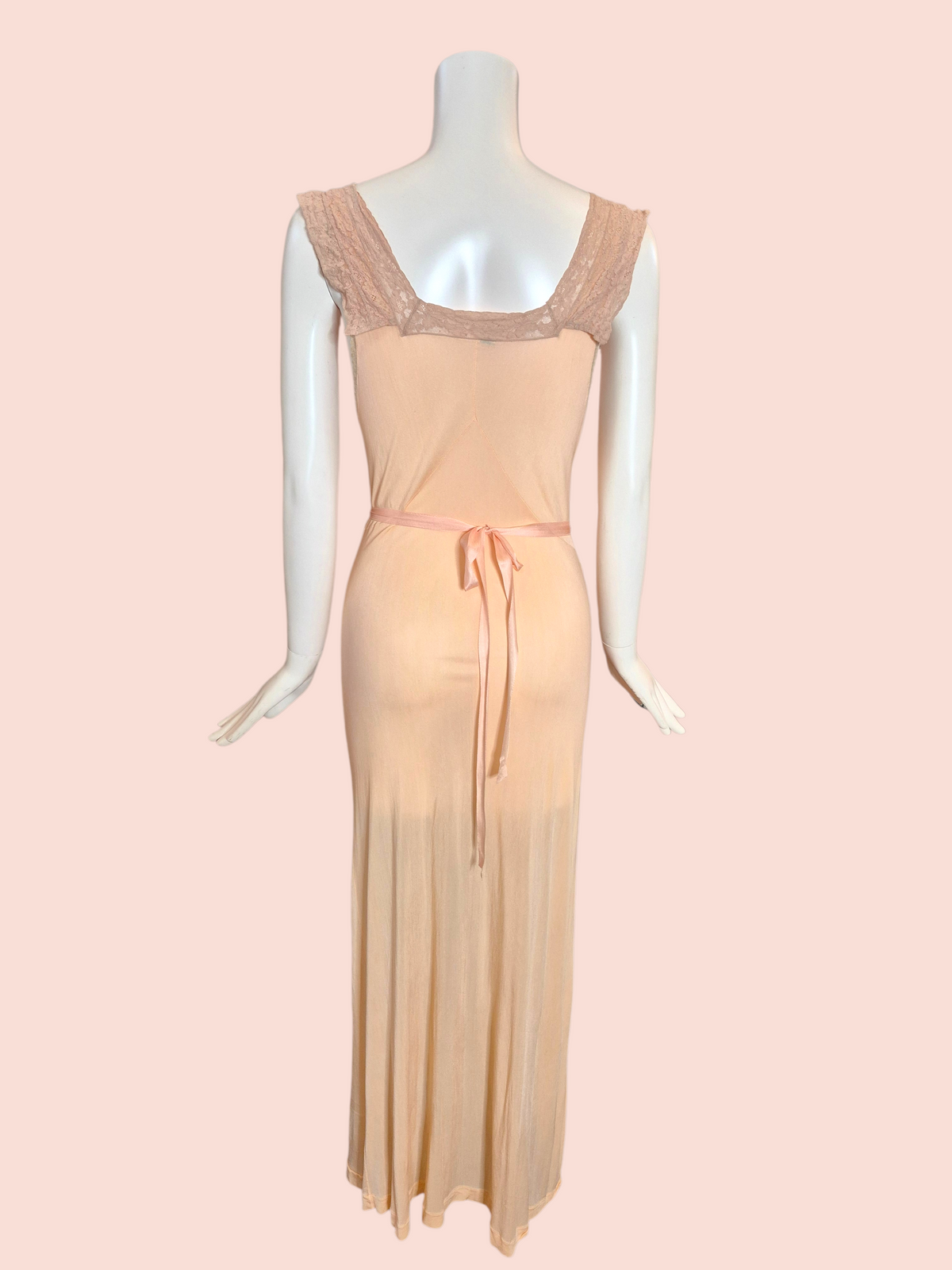 Vintage 1930s Peach Rayon Jersey Knit Nightgown with Lace Trim