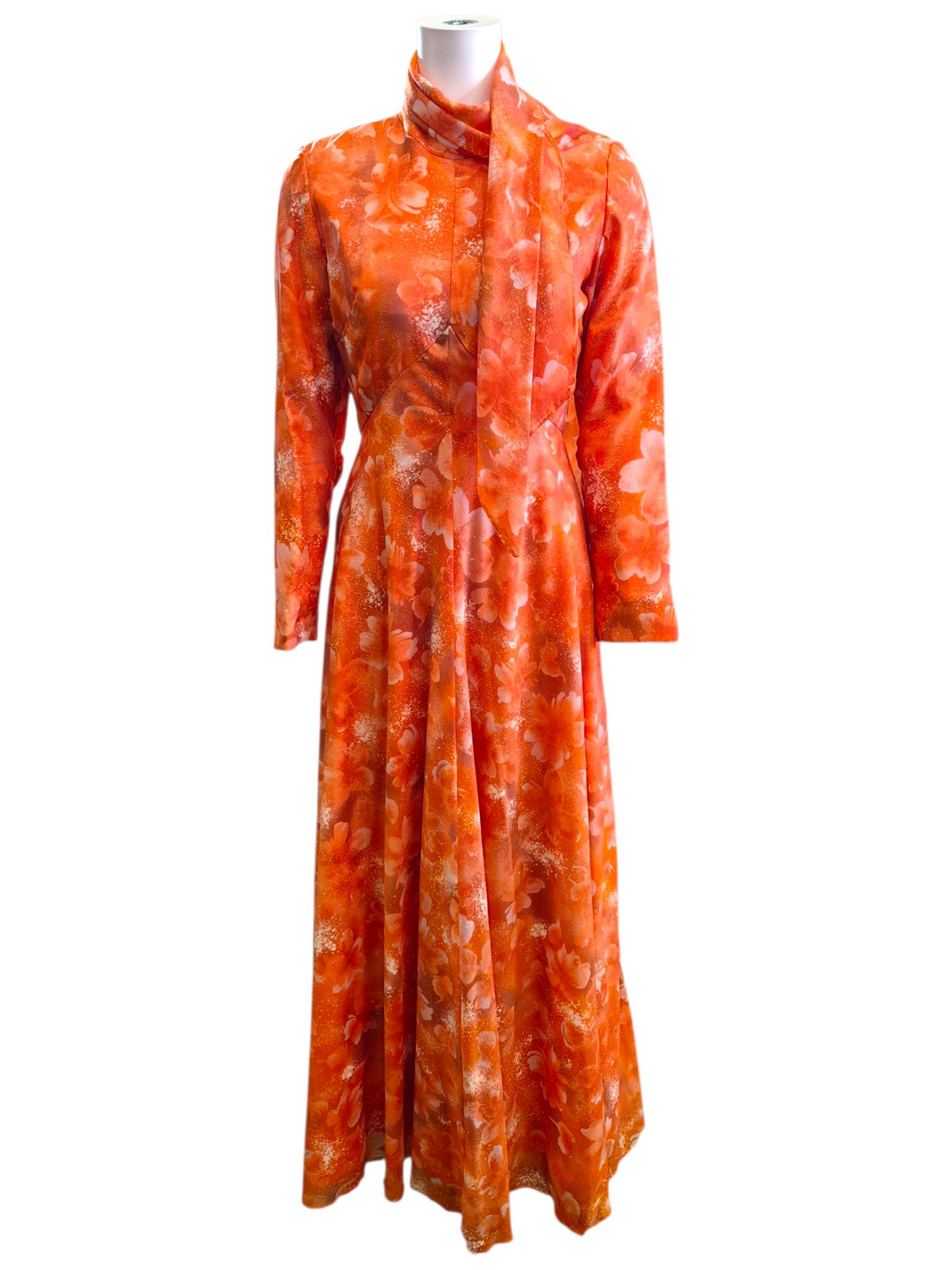 Vintage 1970s Orange Floral Scarf Neck Long Sleeve Maxi Dress