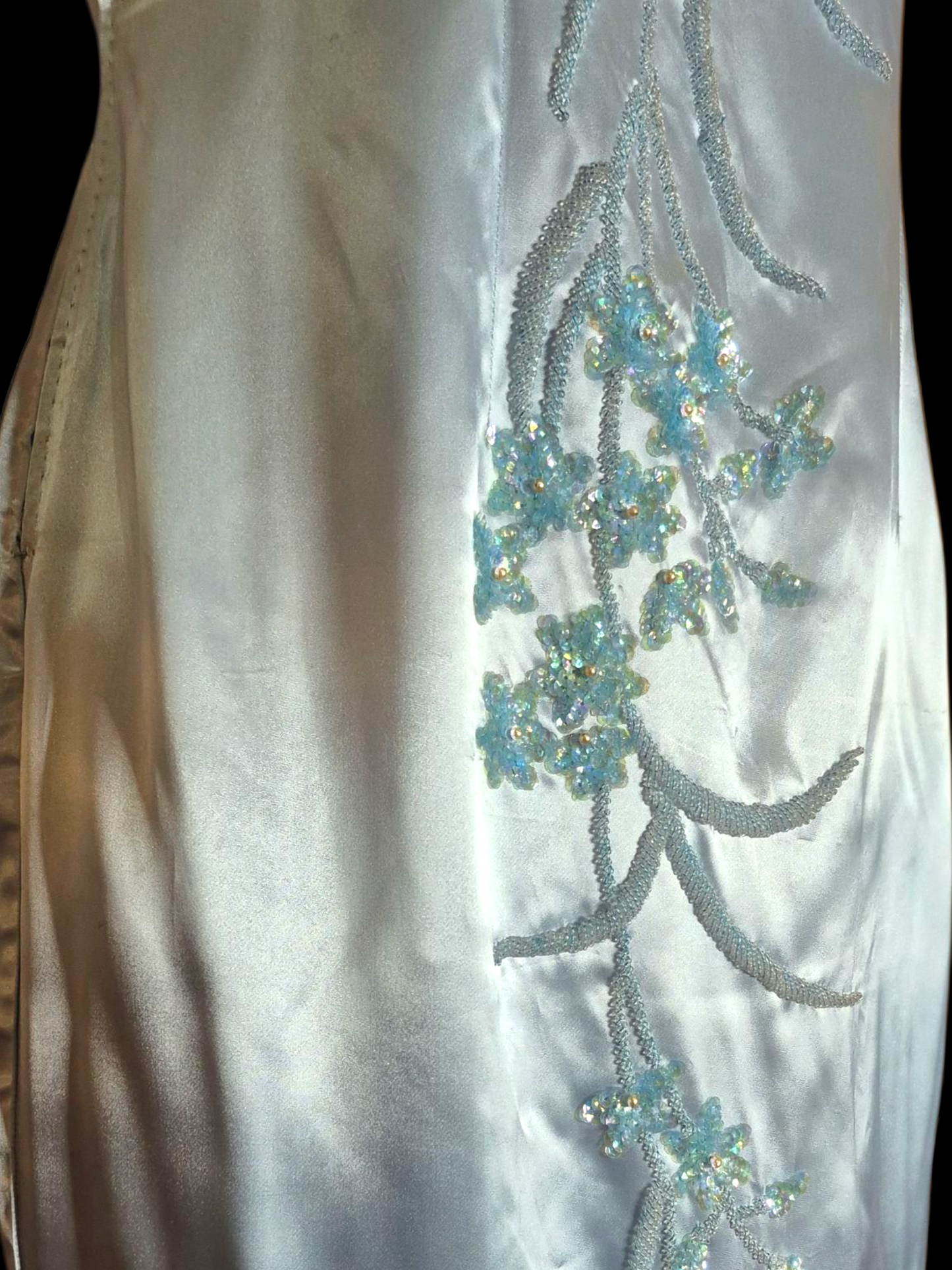 Vintage 1950s Blue Satin Qipao Dress with Sequin Floral design sz M/L