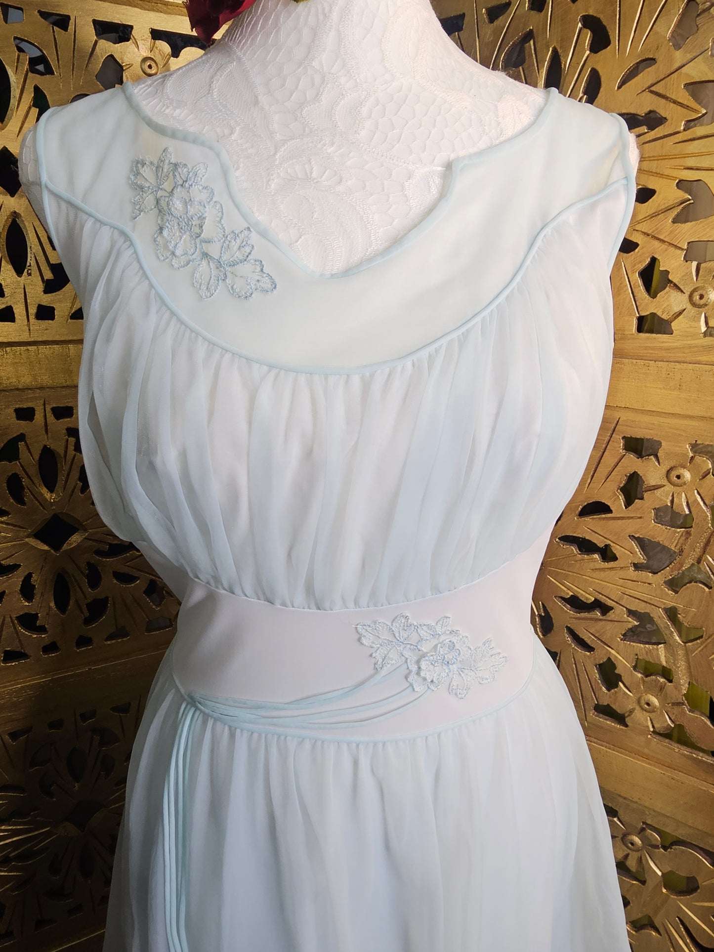 Vintage 1950s Pastel Blue Vanity chiffon Negligee with Floral Embroidery