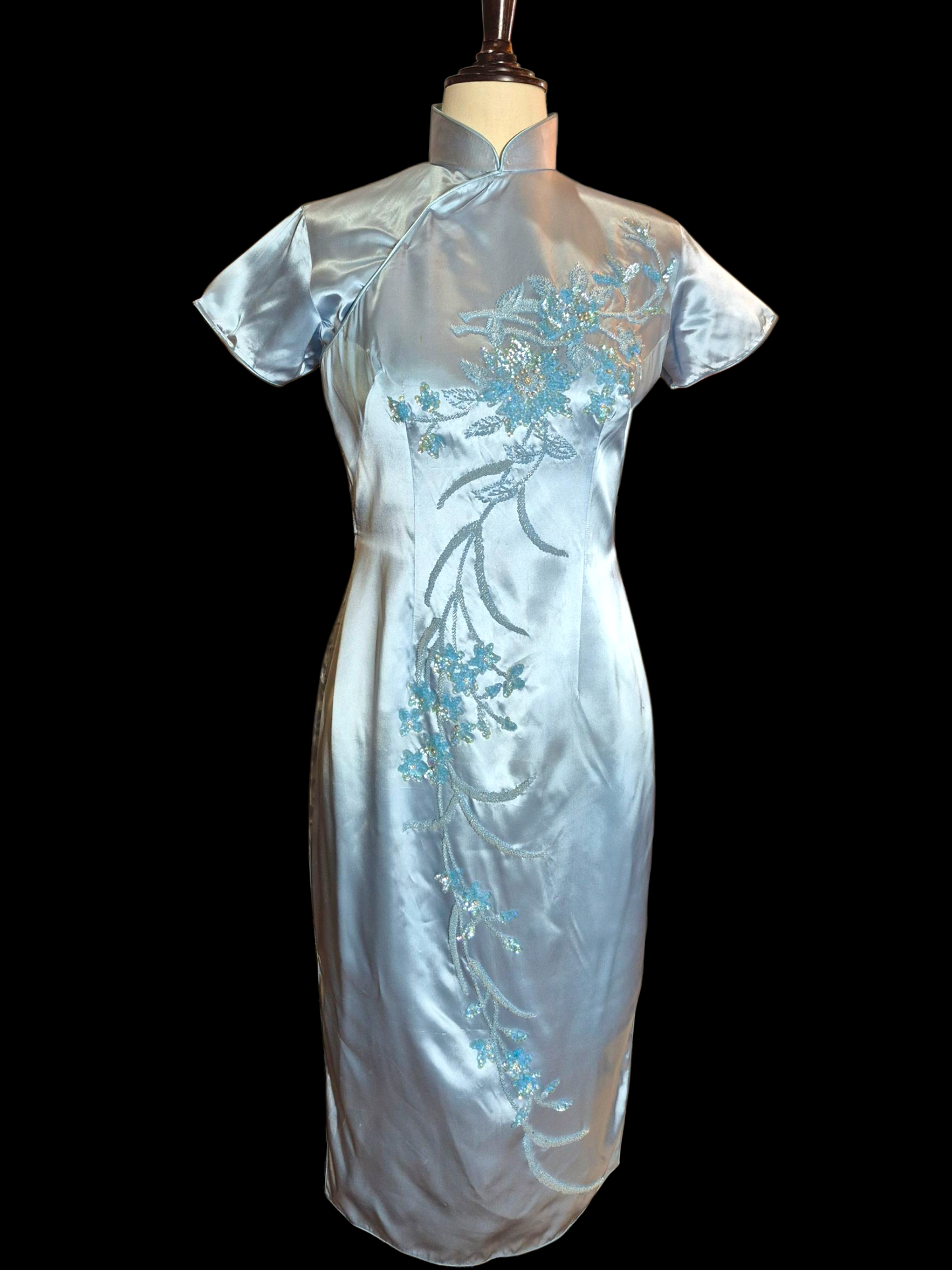 Vintage 1950s Blue Satin Qipao Dress with Sequin Floral design sz M/L
