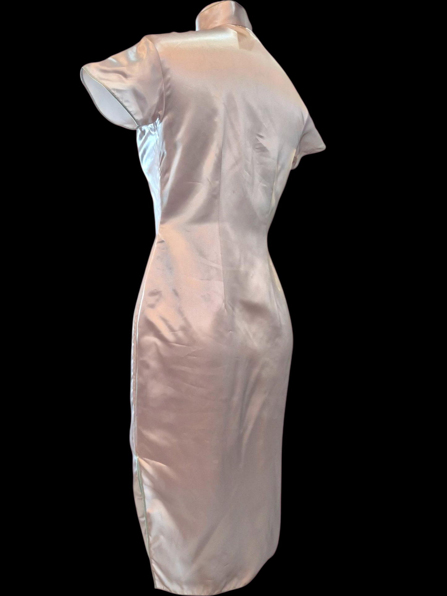 Vintage 1950s Silver Satin  Sequin Dragon Qipao Dress M/L