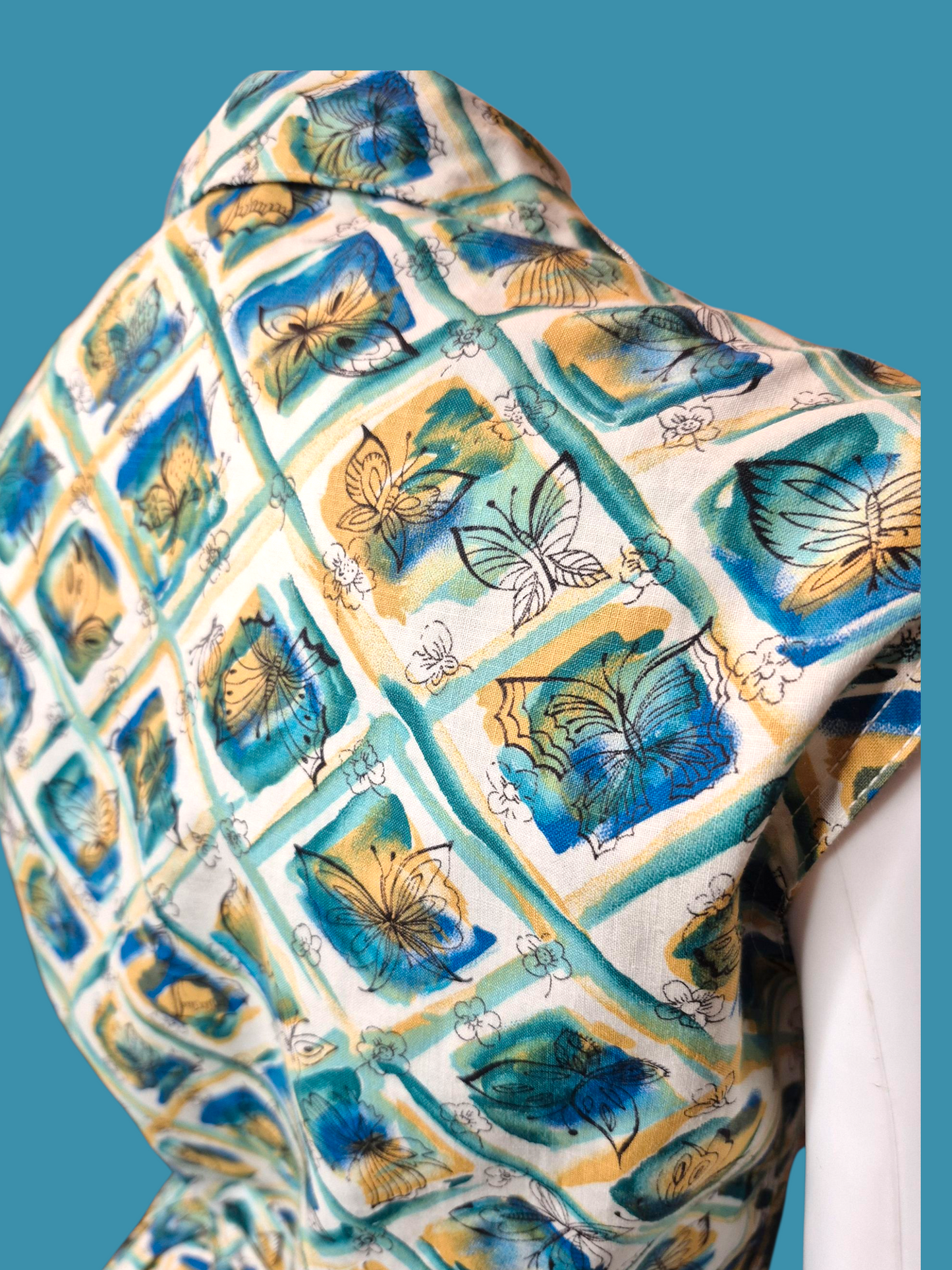 Vintage 1950s Butterfly Novelty Print Dress | Blue & Yellow Cotton shirtwaist fit & flare