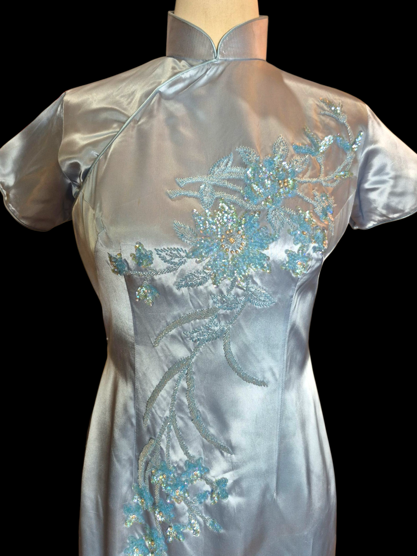 Vintage 1950s Blue Satin Qipao Dress with Sequin Floral design sz M/L