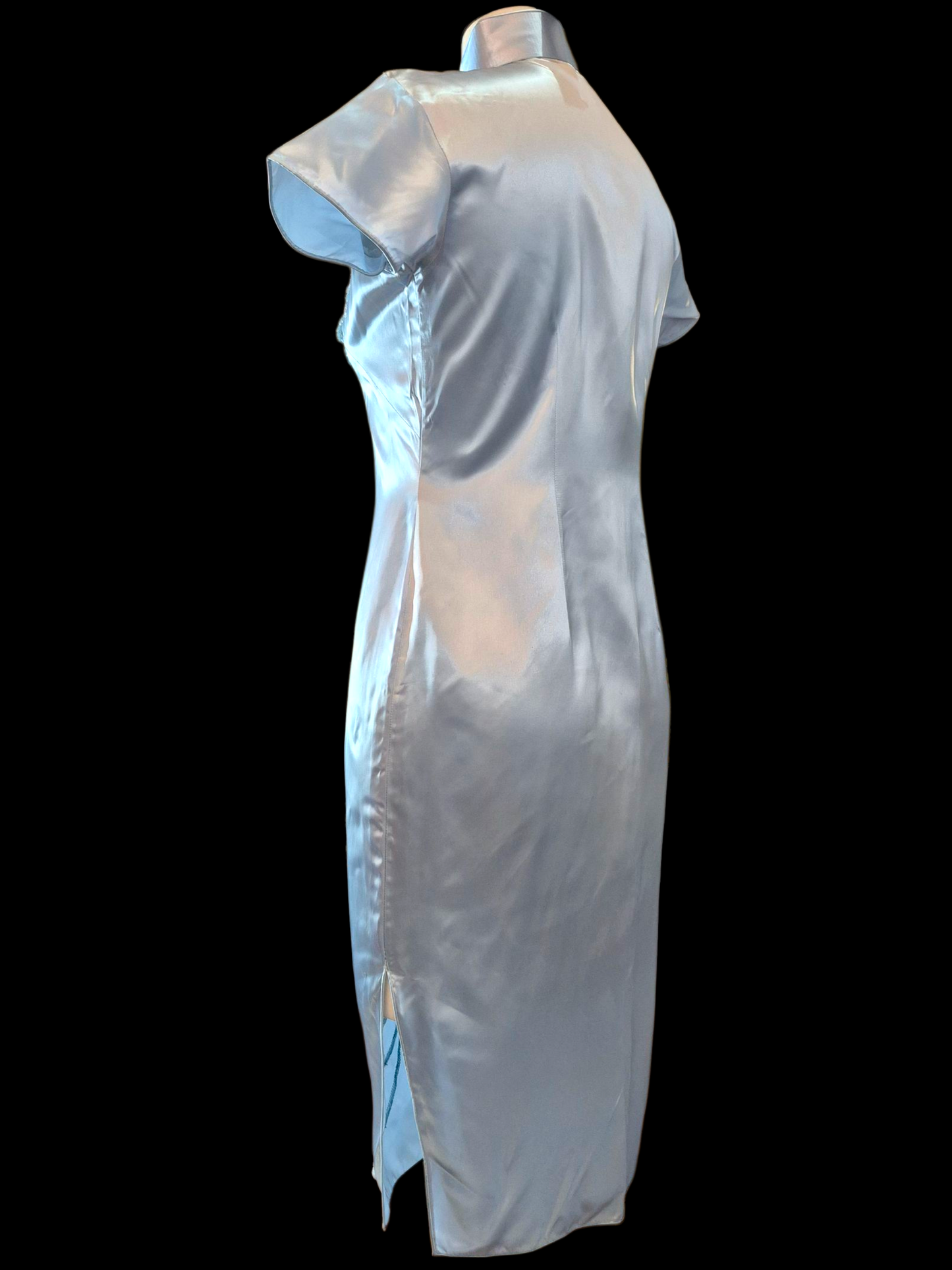 Vintage 1950s Blue Satin Qipao Dress with Sequin Floral design sz M/L