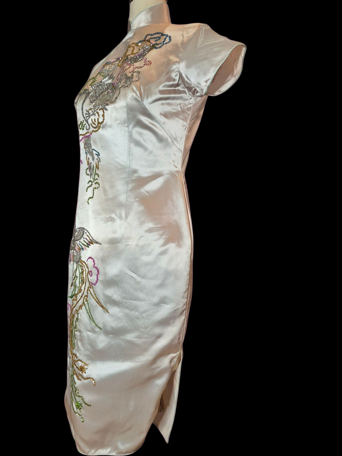 Vintage 1950s Silver Satin  Sequin Dragon Qipao Dress M/L