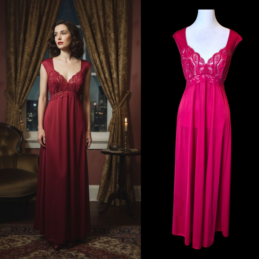 Vintage 70s/80s Red Olga  Negligee with lace bodice