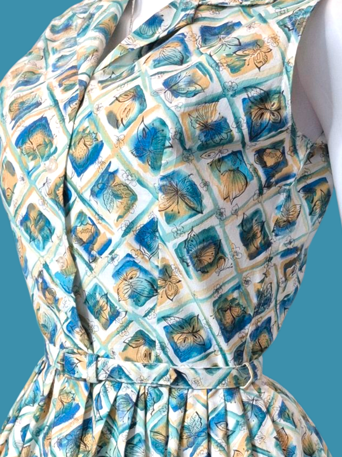 Vintage 1950s Butterfly Novelty Print Dress | Blue & Yellow Cotton shirtwaist fit & flare