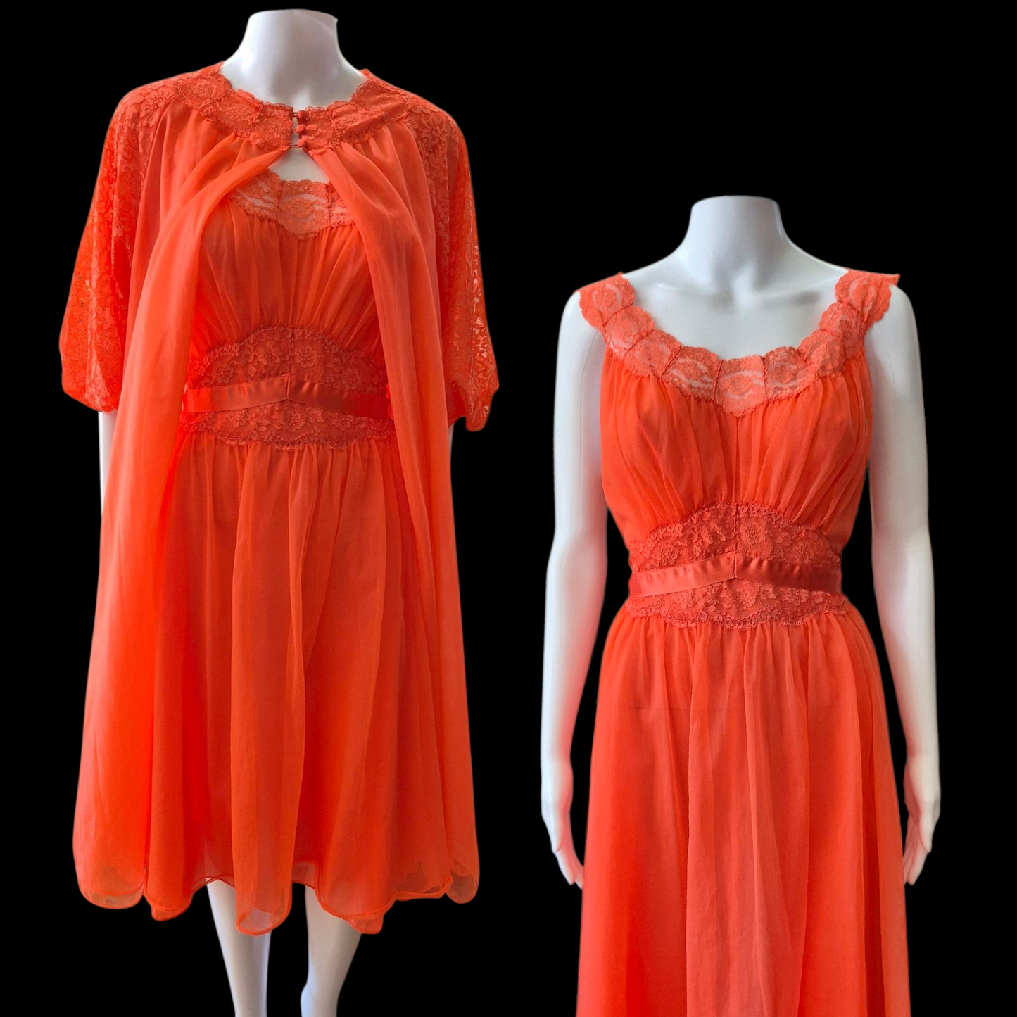 Vintage 1950s Vanity Fair Red Chiffon Negligee & Peignoir set