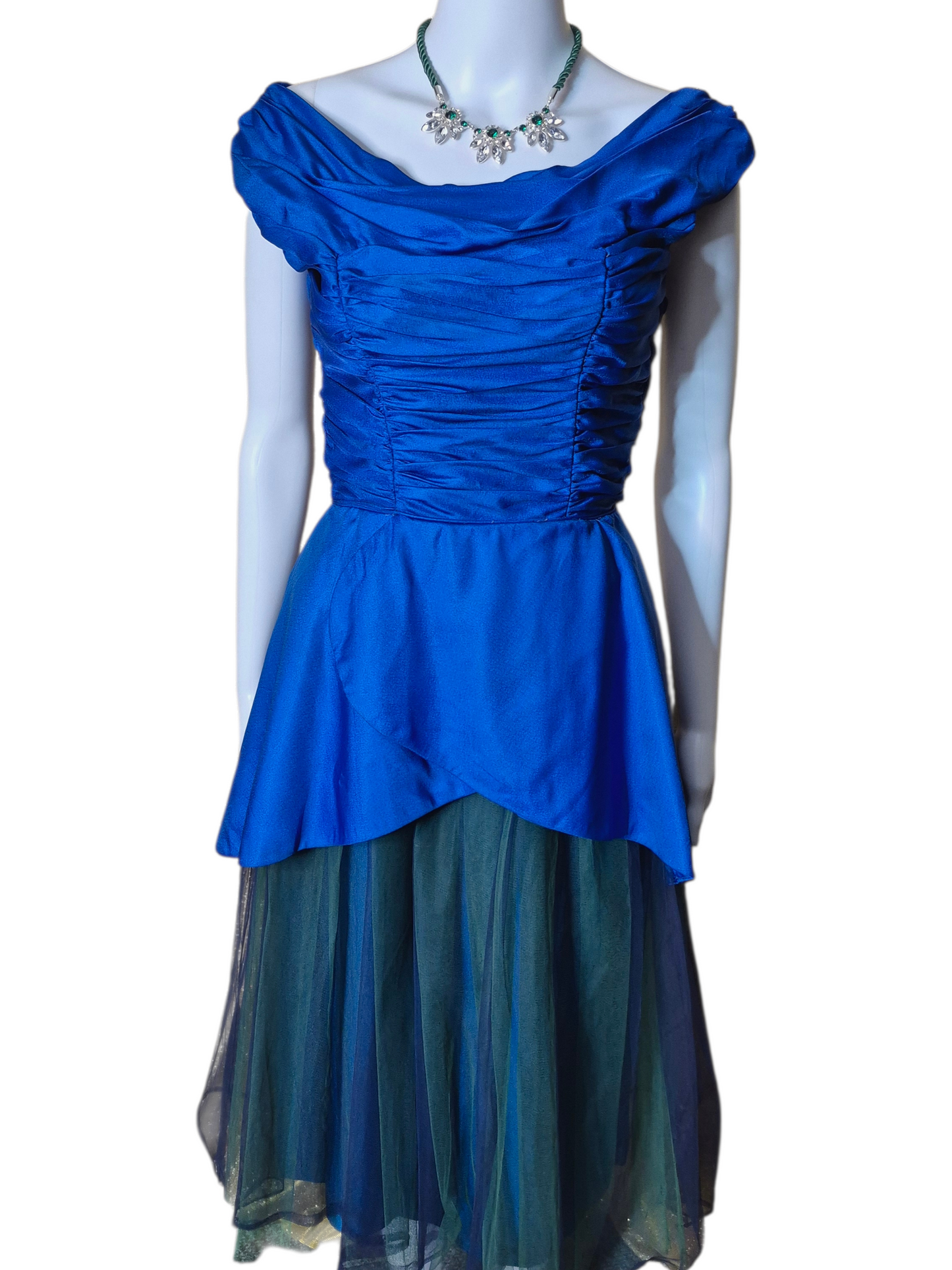 Vintage 1950s Blue & Green  Peplum wiggle dress with Iridescent Ruched Bodice & Tulle Skirt