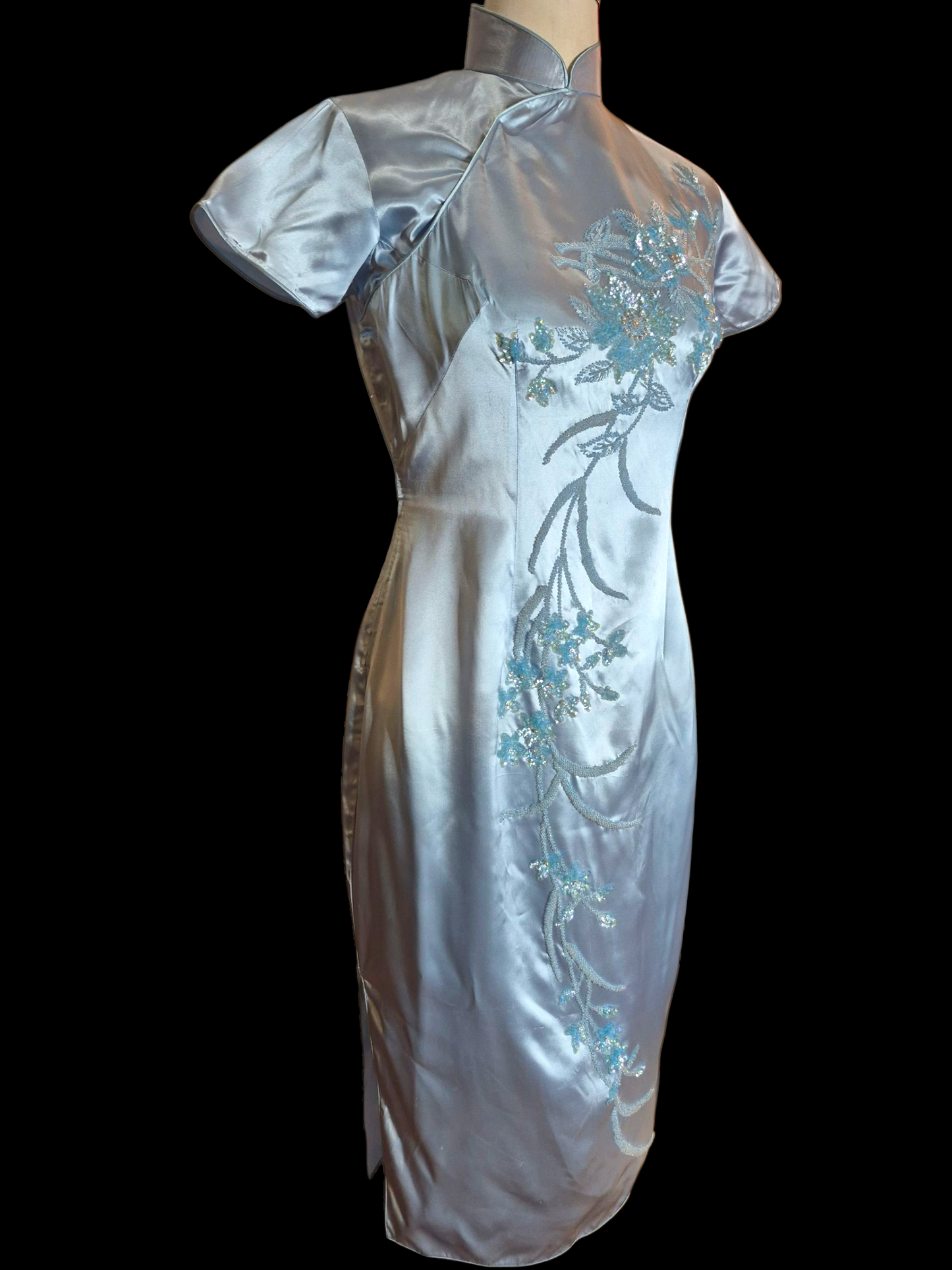 Vintage 1950s Blue Satin Qipao Dress with Sequin Floral design sz M/L