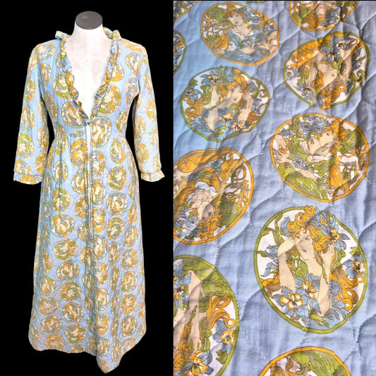 Vintage 70s Quilted Dressing Gown with art deco faces by Louise Marie