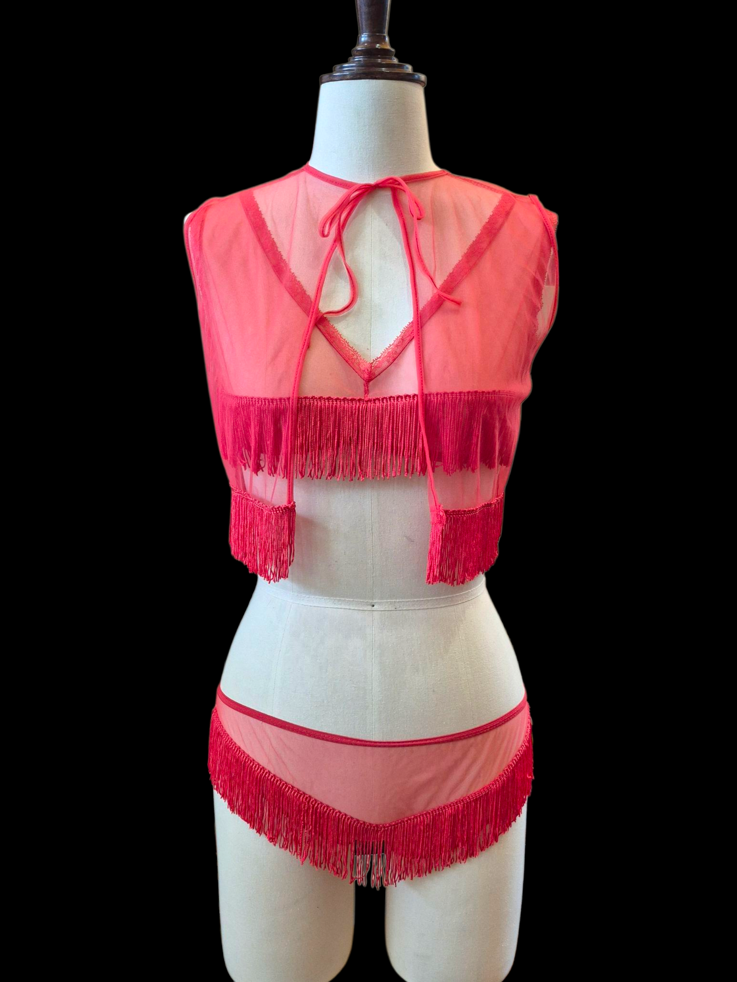 Vintage 1960s 3 pc Red Fringe Burlesque Lingerie Set