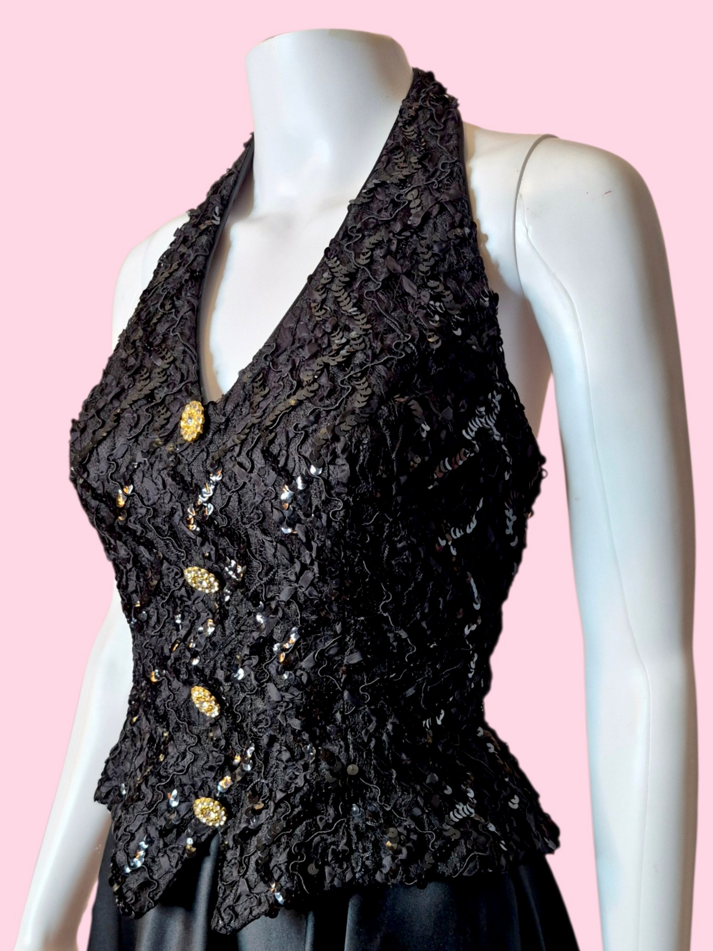 Vintage 1980s Black satin & sequin halter neck tuxedo gown by Dave & Johnny
