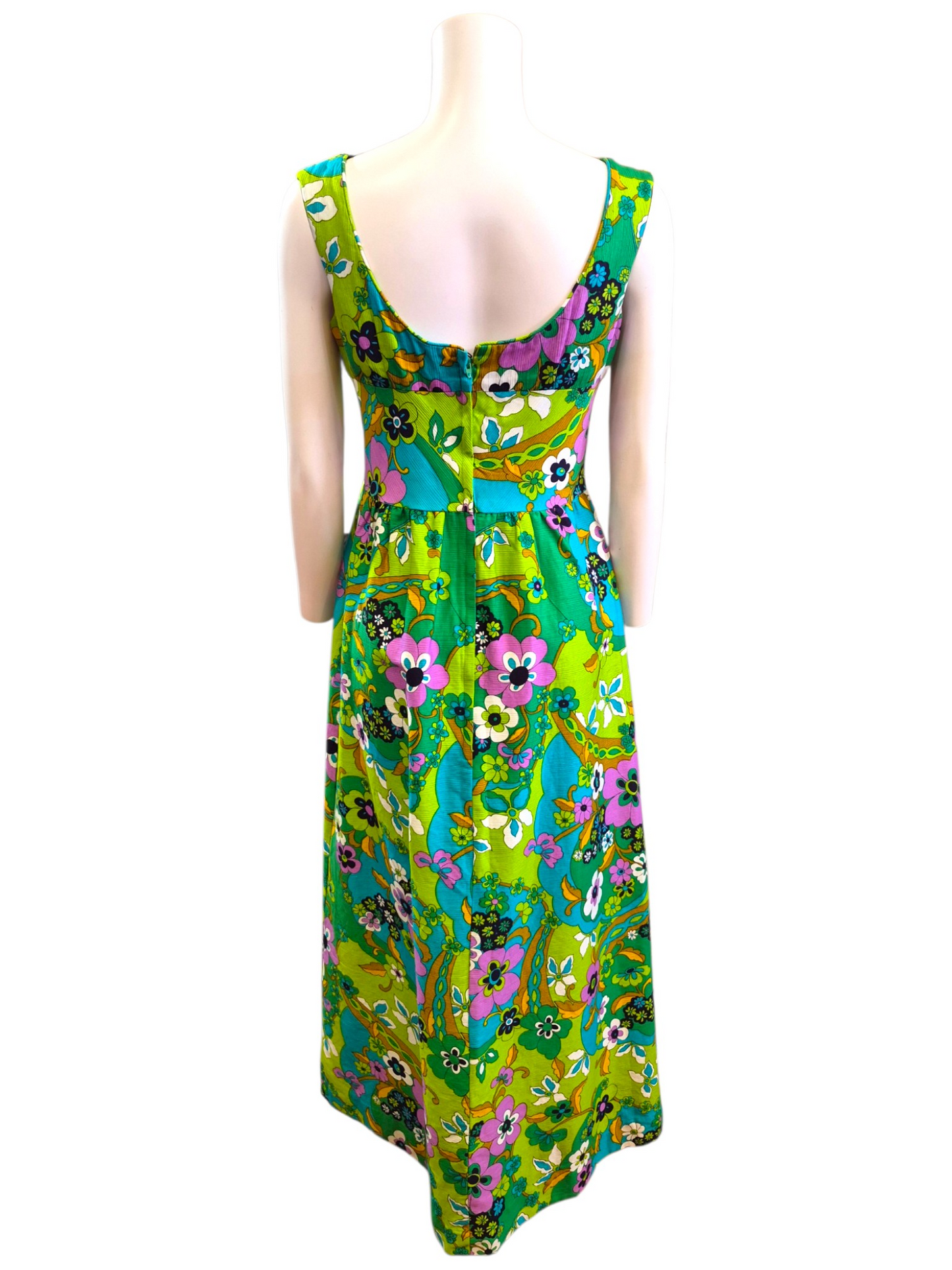 Vintage 1960s Psychedelic Flower Power Maxi Dress | Green & Turquoise Mod Resort Gown