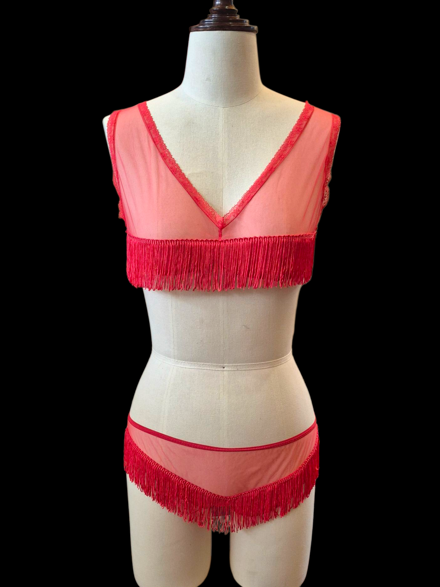 Vintage 1960s 3 pc Red Fringe Burlesque Lingerie Set