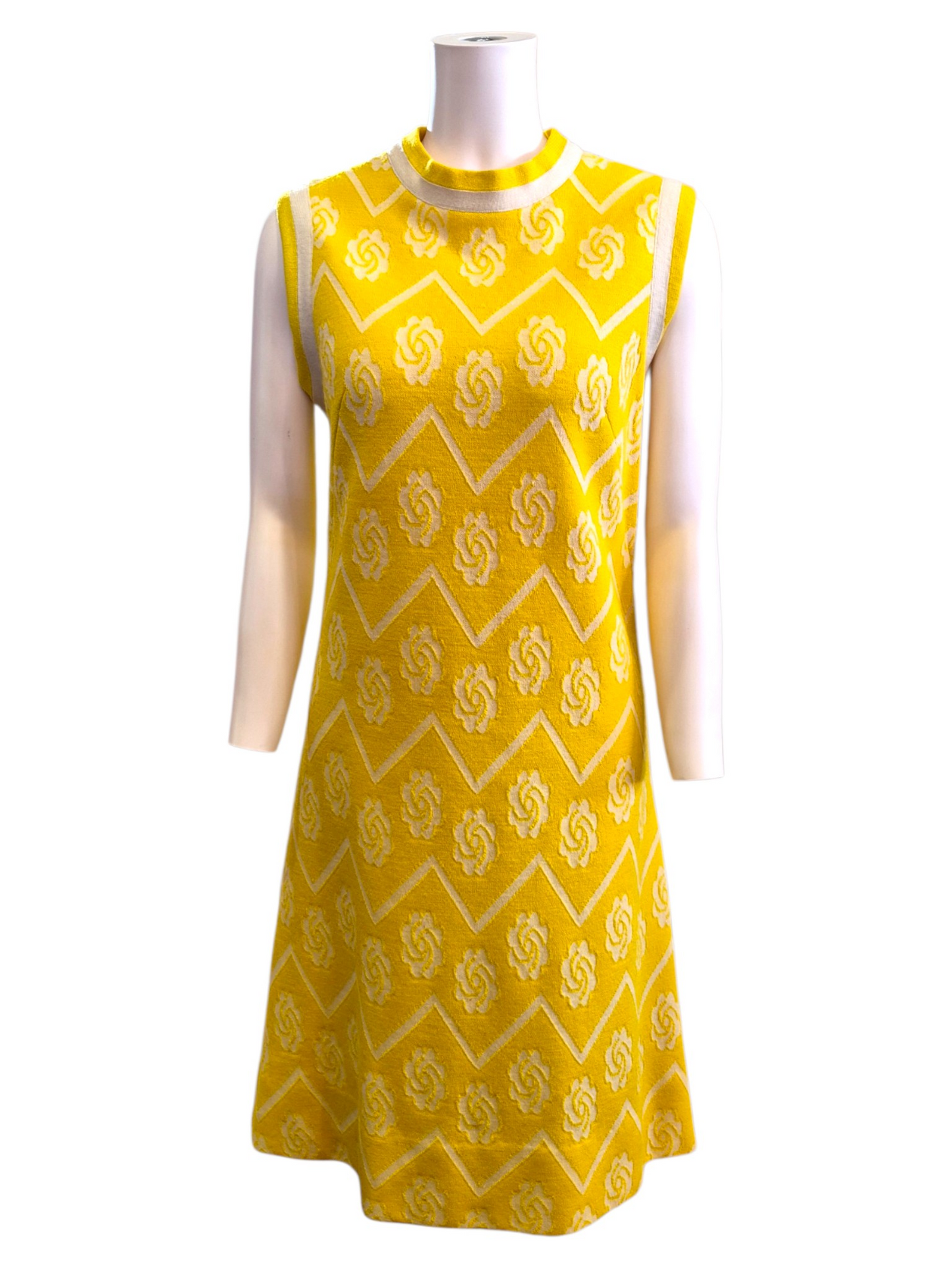 Vintage 1960s Leslie Fay Mod Yellow Wool Knit Chevron Rose Shift Dress