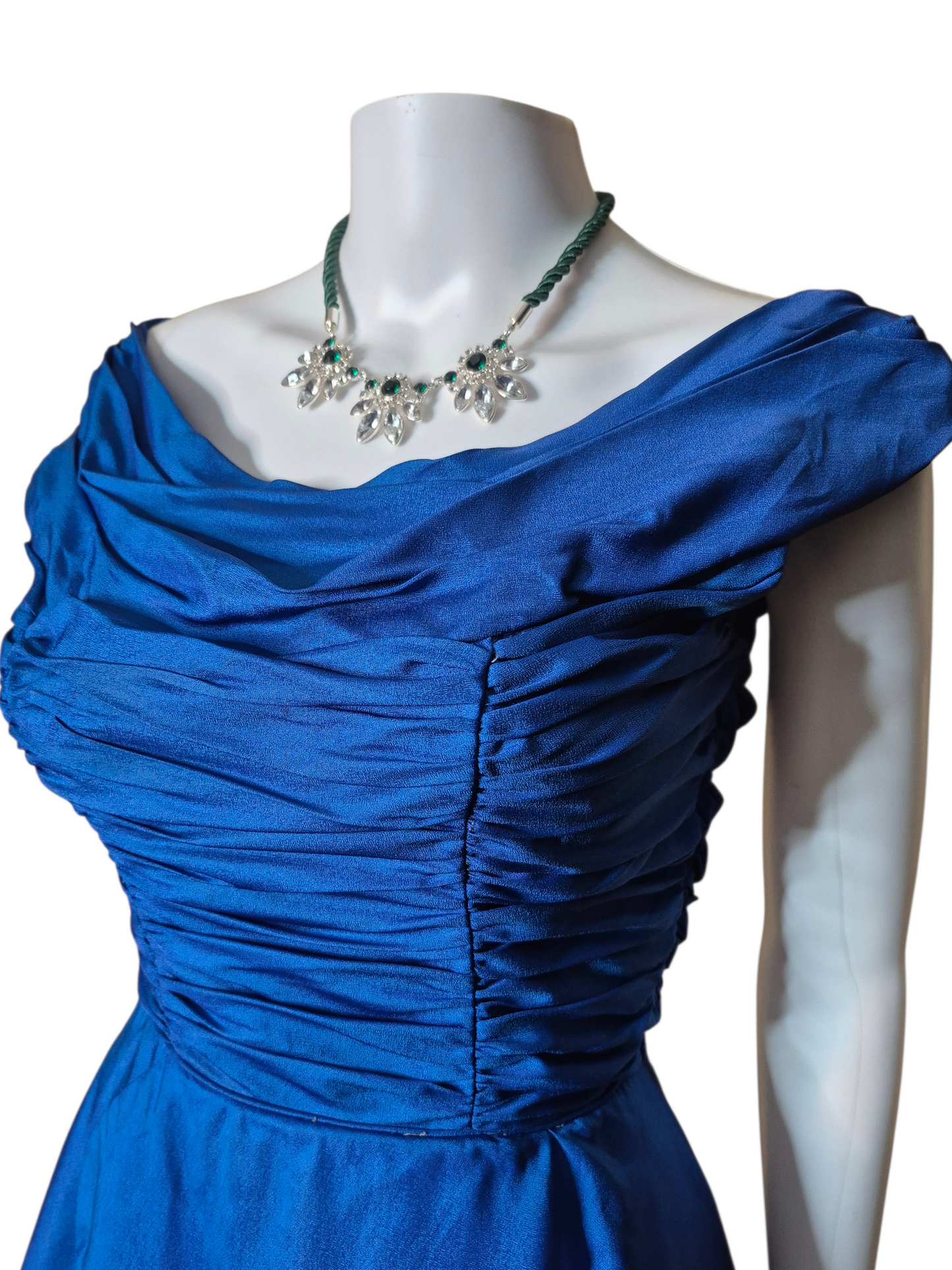 Vintage 1950s Blue & Green  Peplum wiggle dress with Iridescent Ruched Bodice & Tulle Skirt