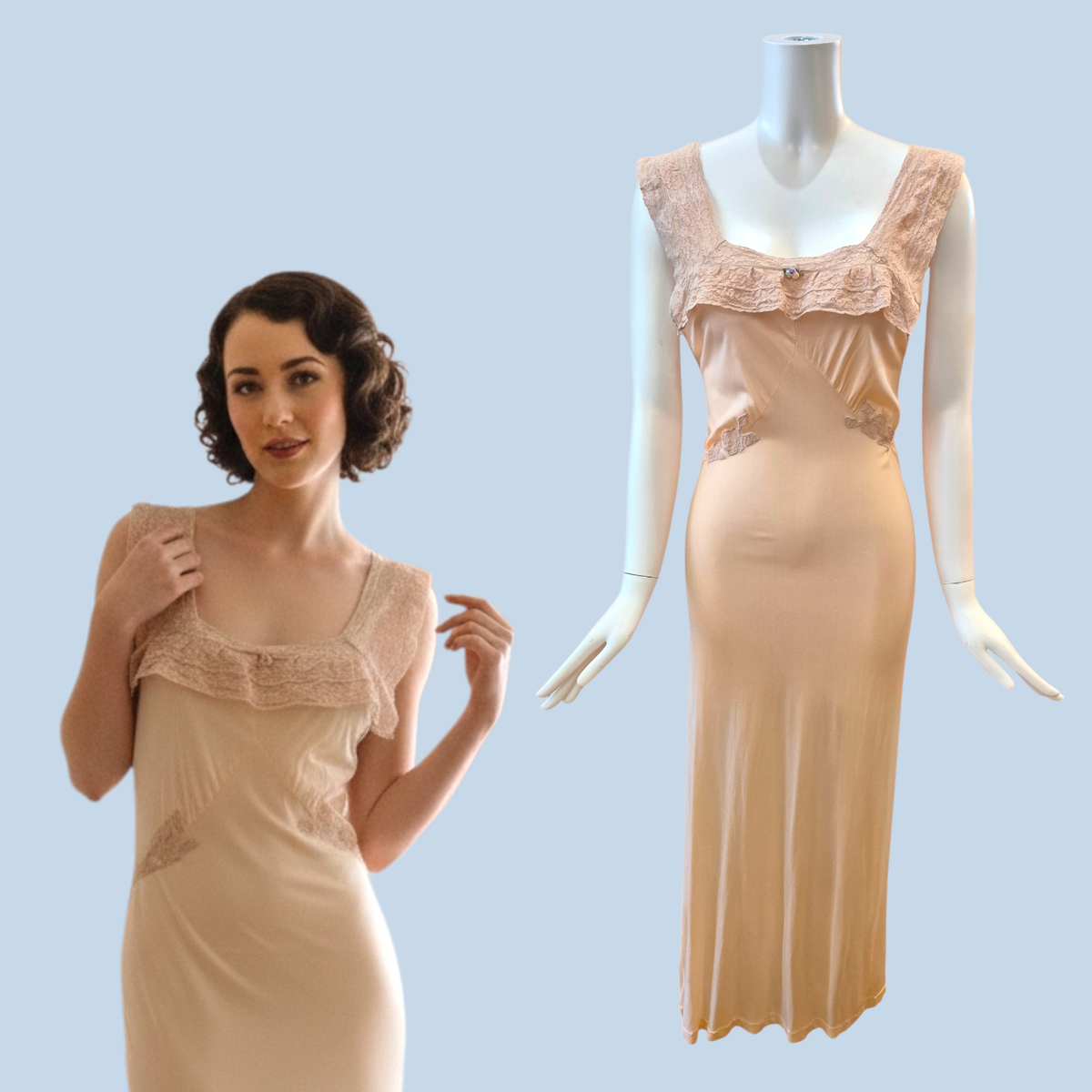 Vintage 1930s Peach Rayon Jersey Knit Nightgown with Lace Trim