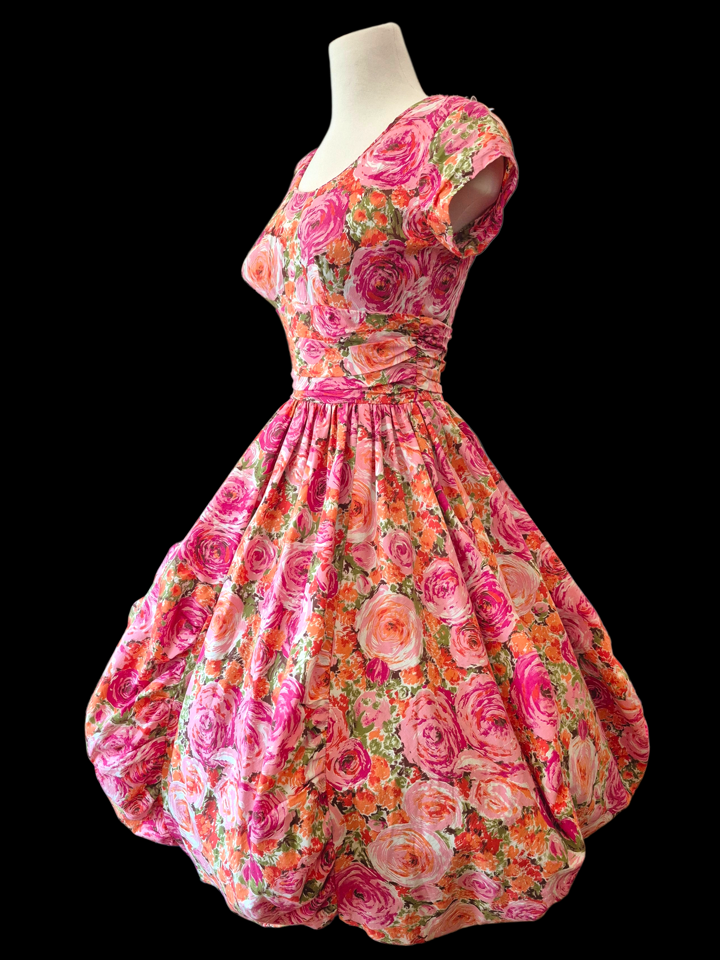 Vintage 1950s Pink Floral Bubble Hem Dress | Orange Rose Print Cotton Party Dress Pixie of California