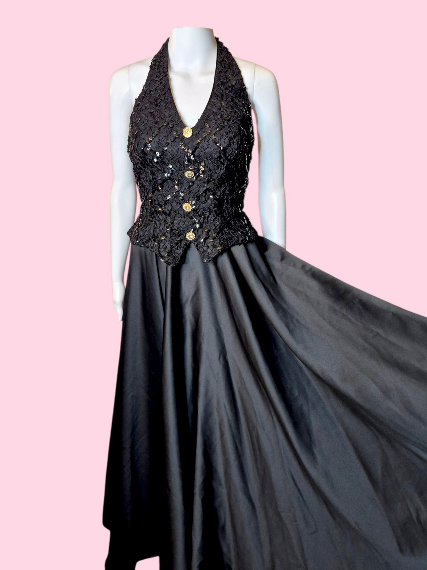 Vintage 1980s Black satin & sequin halter neck tuxedo gown by Dave & Johnny