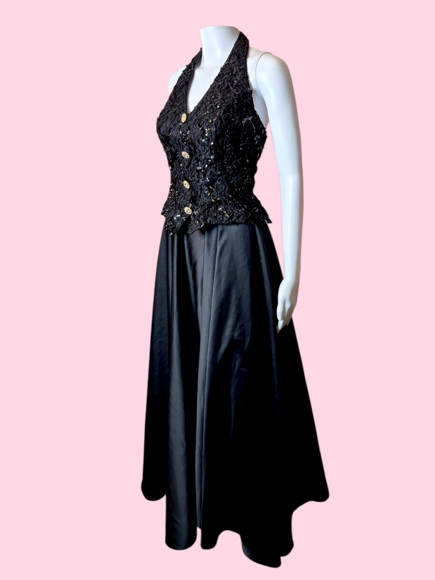 Vintage 1980s Black satin & sequin halter neck tuxedo gown by Dave & Johnny