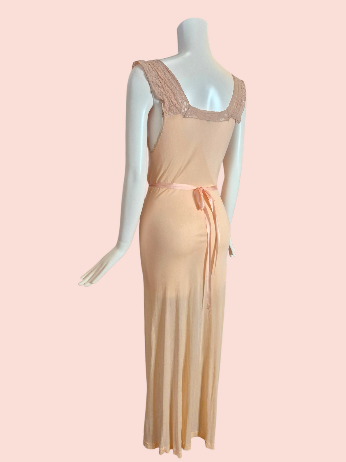 Vintage 1930s Peach Rayon Jersey Knit Nightgown with Lace Trim