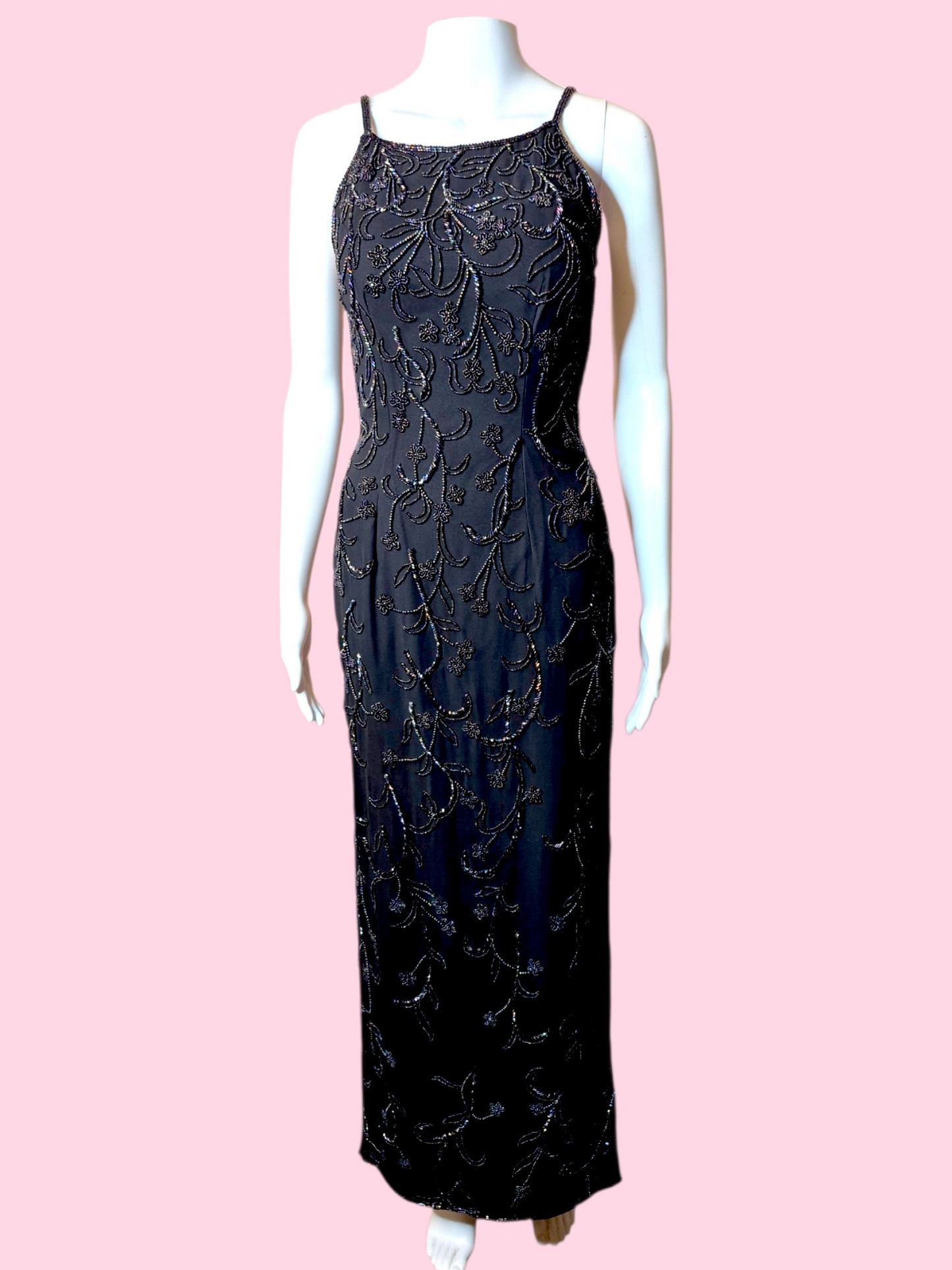 Vintage 1990s Black evening gown with Iridescent floral beadwork by Sean Collection