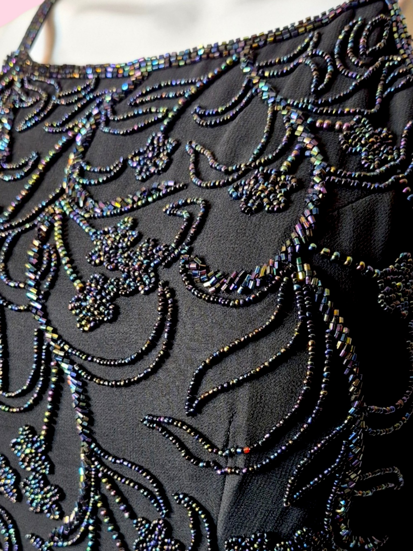 Vintage 1990s Black evening gown with Iridescent floral beadwork by Sean Collection