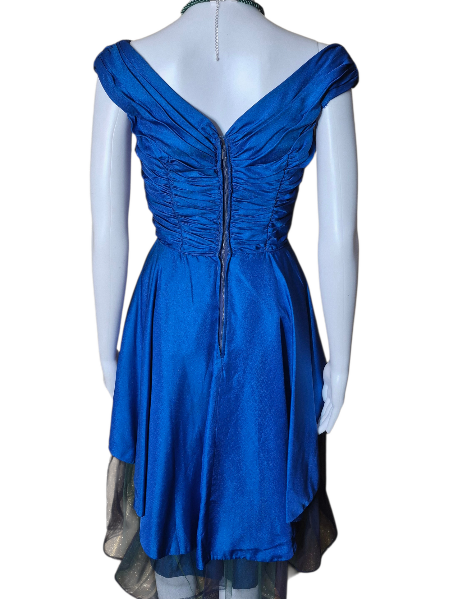 Vintage 1950s Blue & Green  Peplum wiggle dress with Iridescent Ruched Bodice & Tulle Skirt