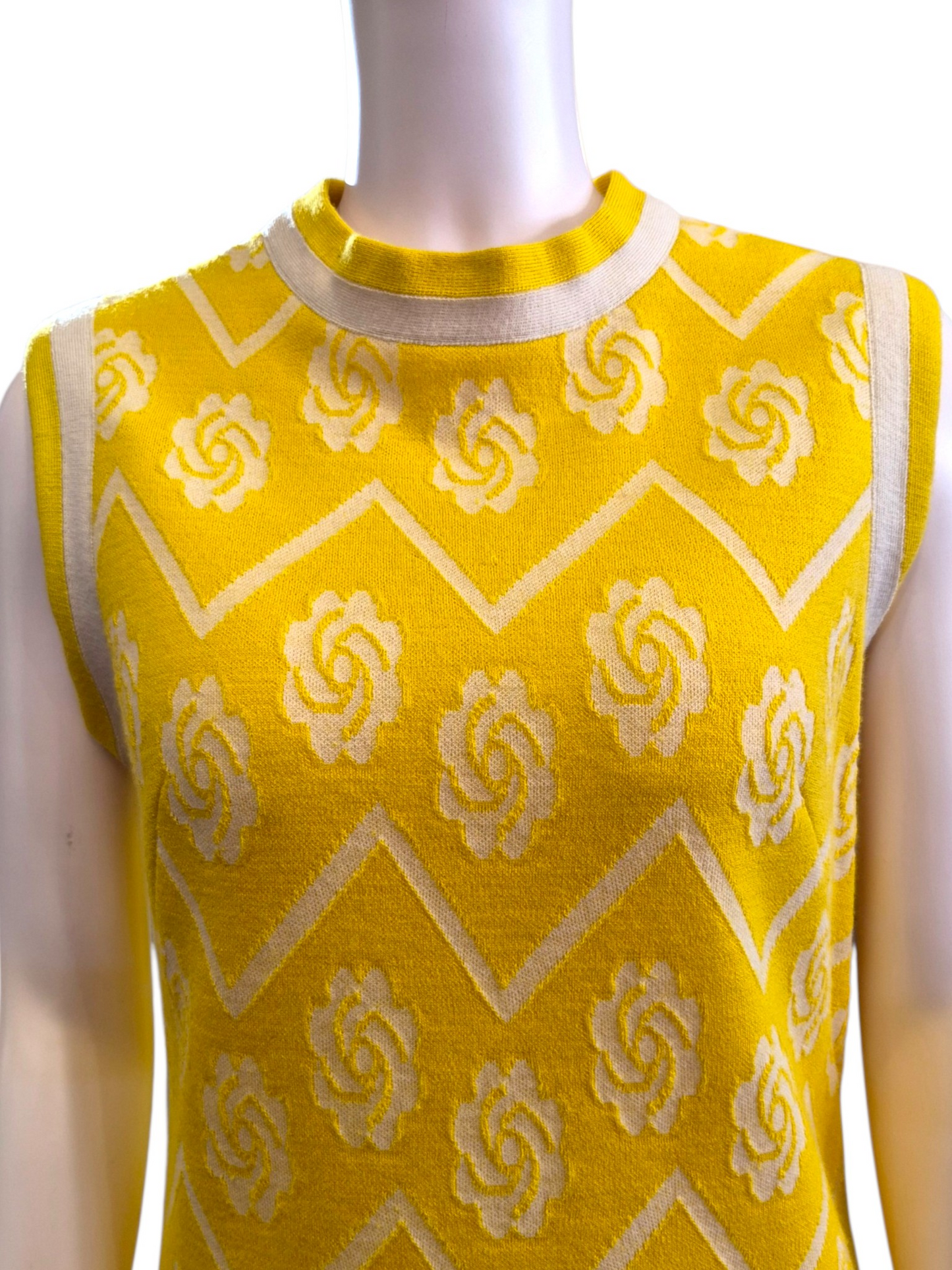 Vintage 1960s Leslie Fay Mod Yellow Wool Knit Chevron Rose Shift Dress