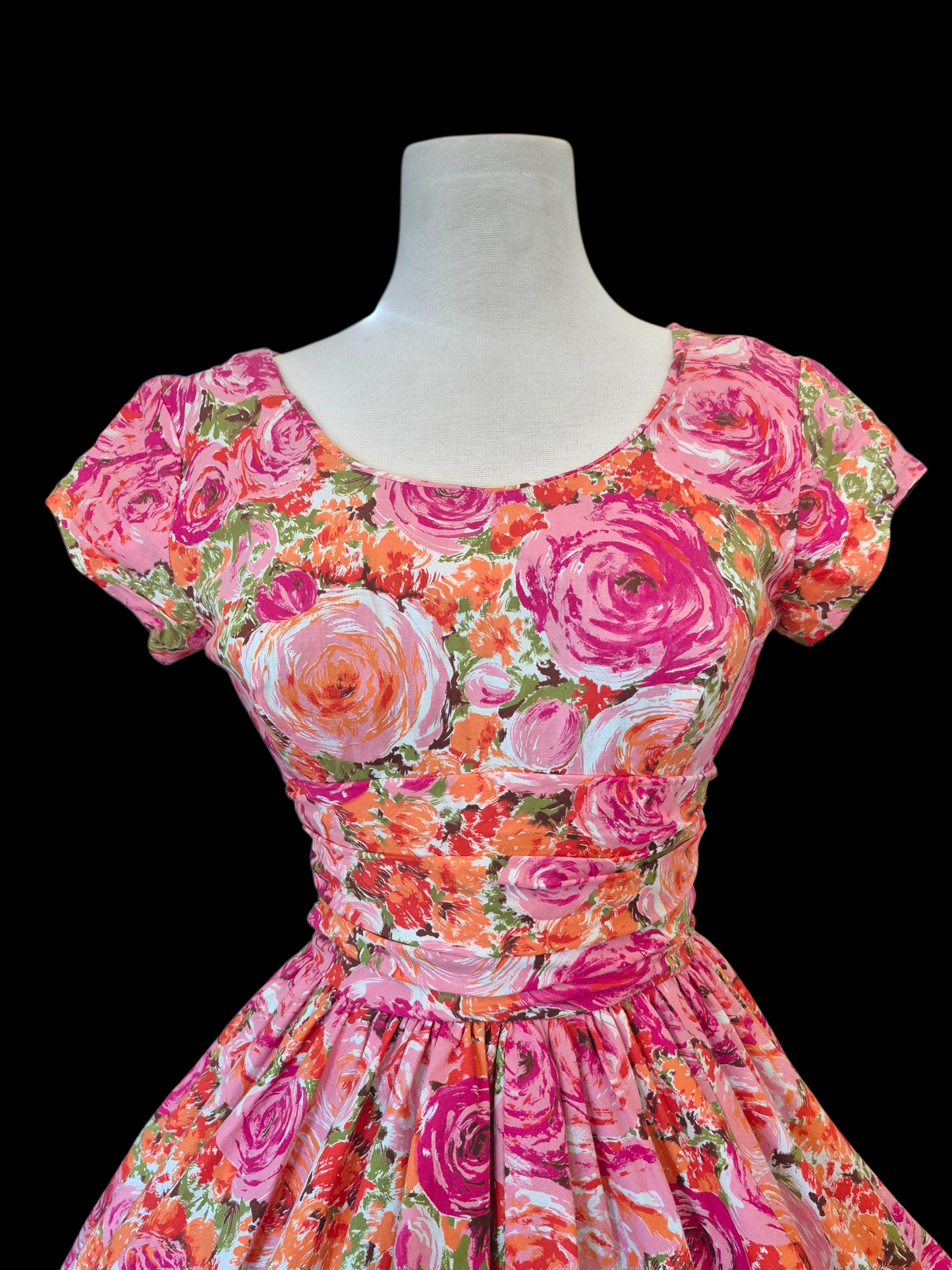 Vintage 1950s Pink Floral Bubble Hem Dress | Orange Rose Print Cotton Party Dress Pixie of California