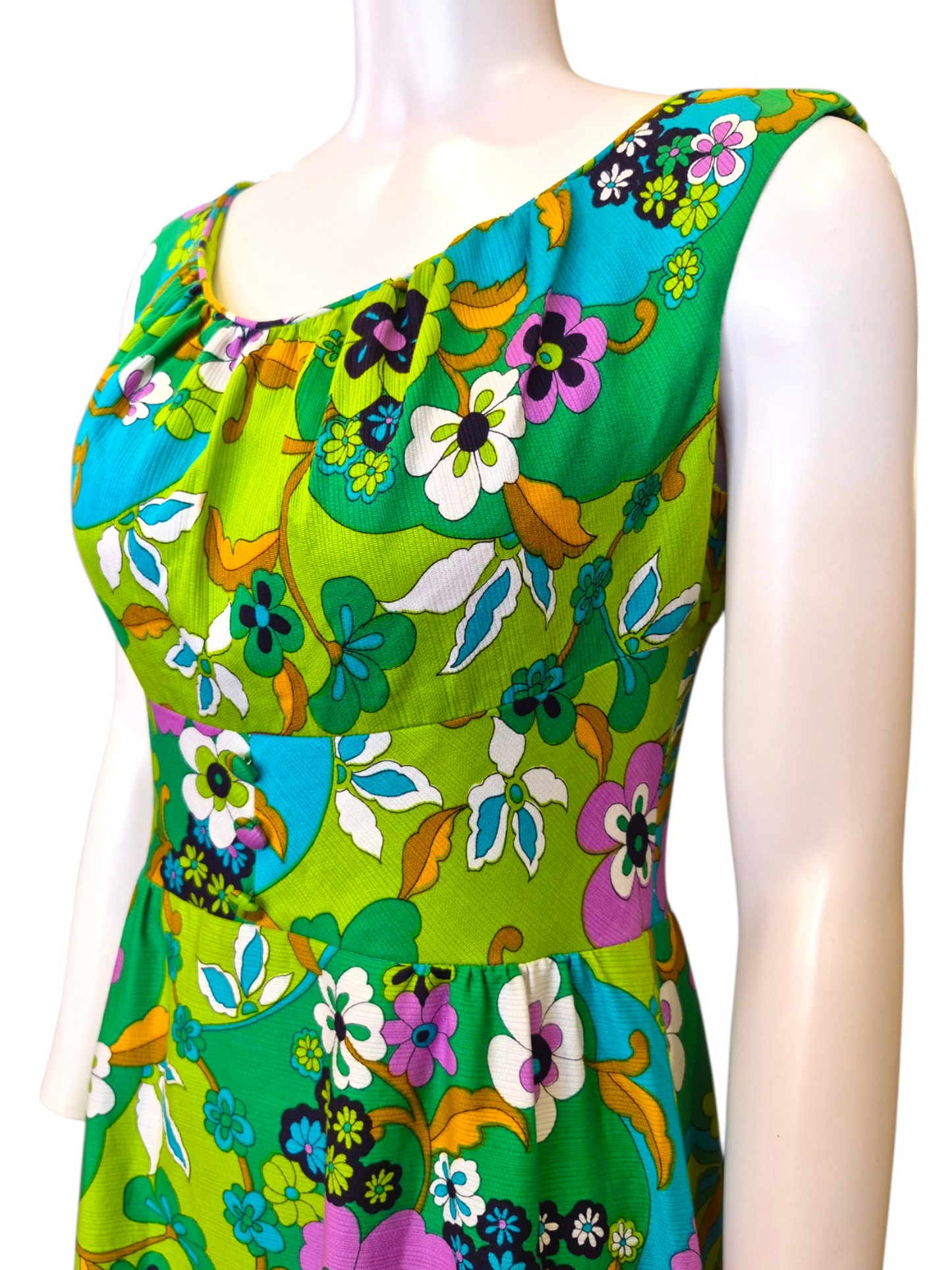 Vintage 1960s Psychedelic Flower Power Maxi Dress | Green & Turquoise Mod Resort Gown