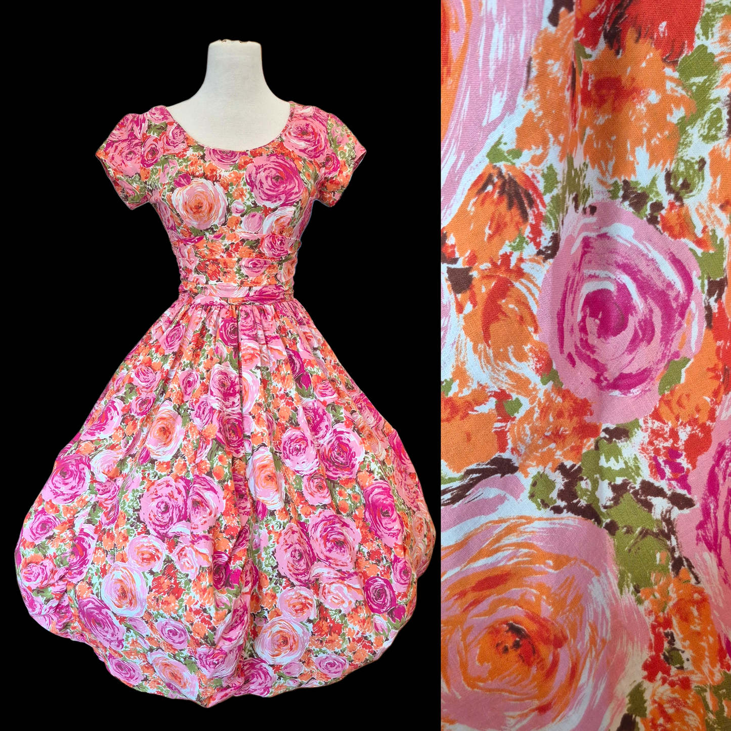 Vintage 1950s Pink Floral Bubble Hem Dress | Orange Rose Print Cotton Party Dress Pixie of California