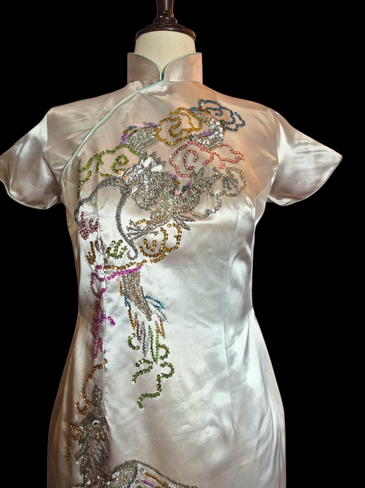Vintage 1950s Silver Satin  Sequin Dragon Qipao Dress M/L