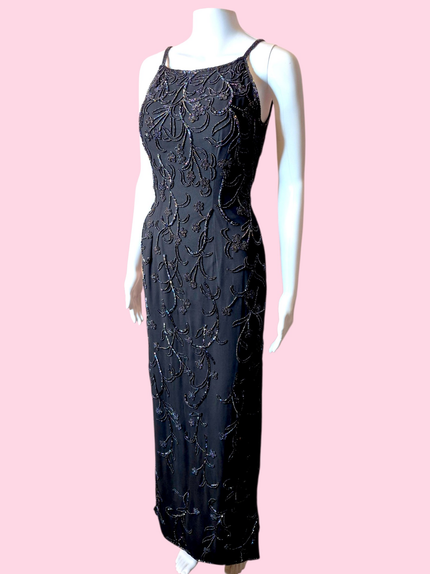 Vintage 1990s Black evening gown with Iridescent floral beadwork by Sean Collection