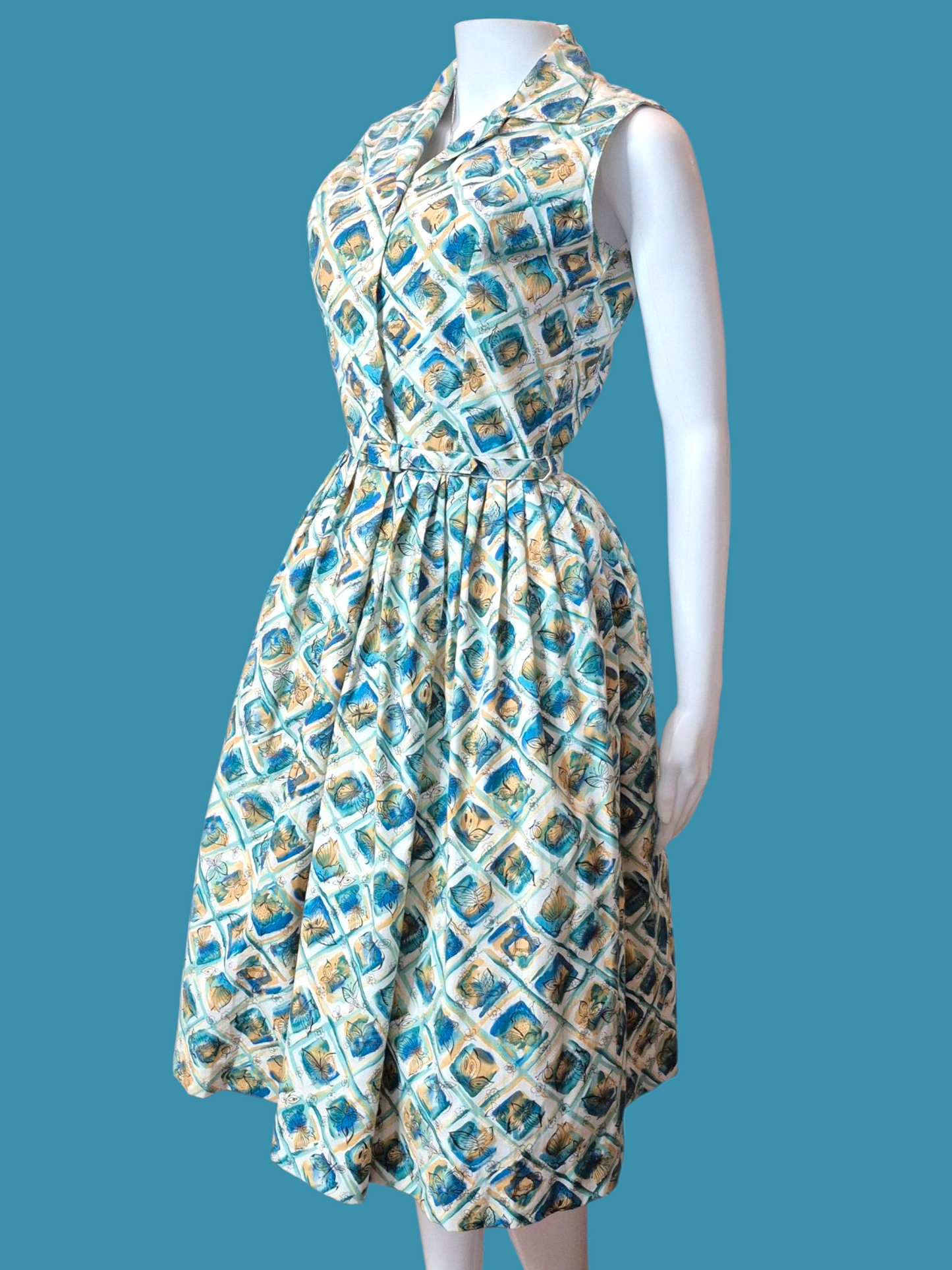 Vintage 1950s Butterfly Novelty Print Dress | Blue & Yellow Cotton shirtwaist fit & flare