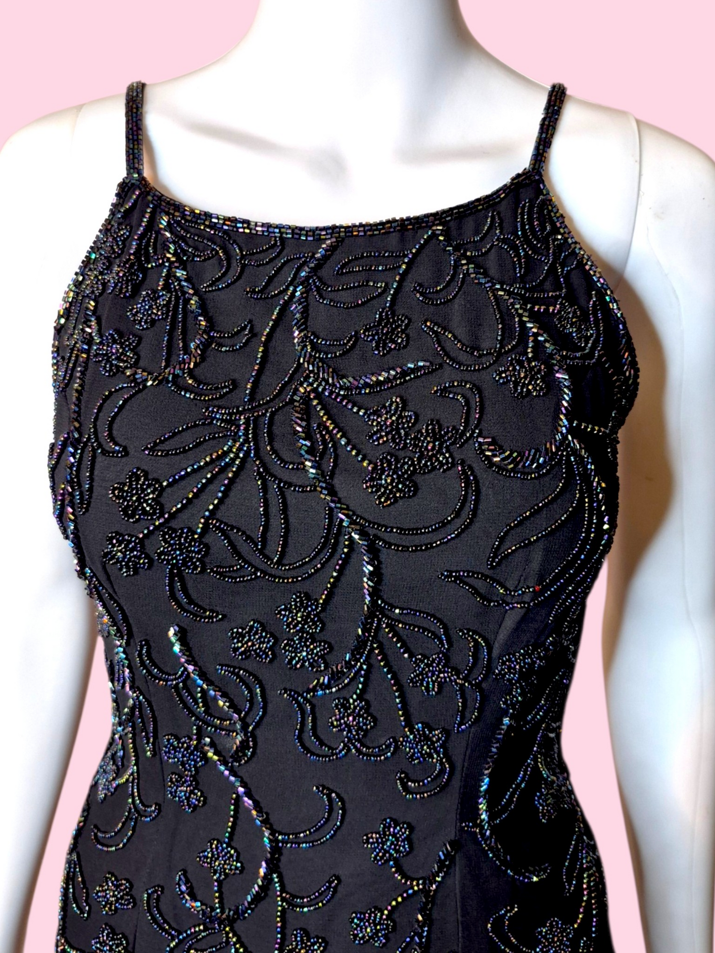 Vintage 1990s Black evening gown with Iridescent floral beadwork by Sean Collection