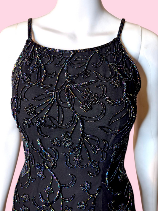 Vintage 1990s Black evening gown with Iridescent floral beadwork by Sean Collection