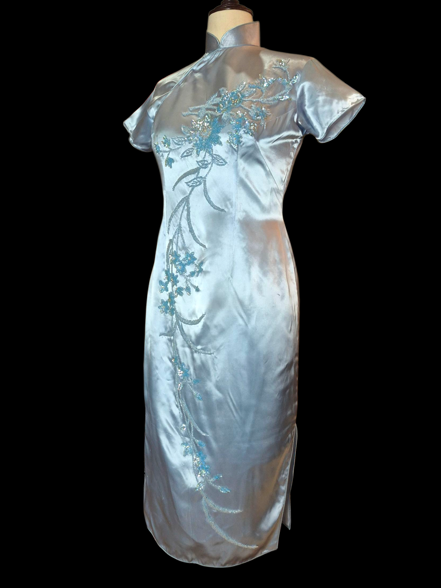 Vintage 1950s Blue Satin Qipao Dress with Sequin Floral design sz M/L