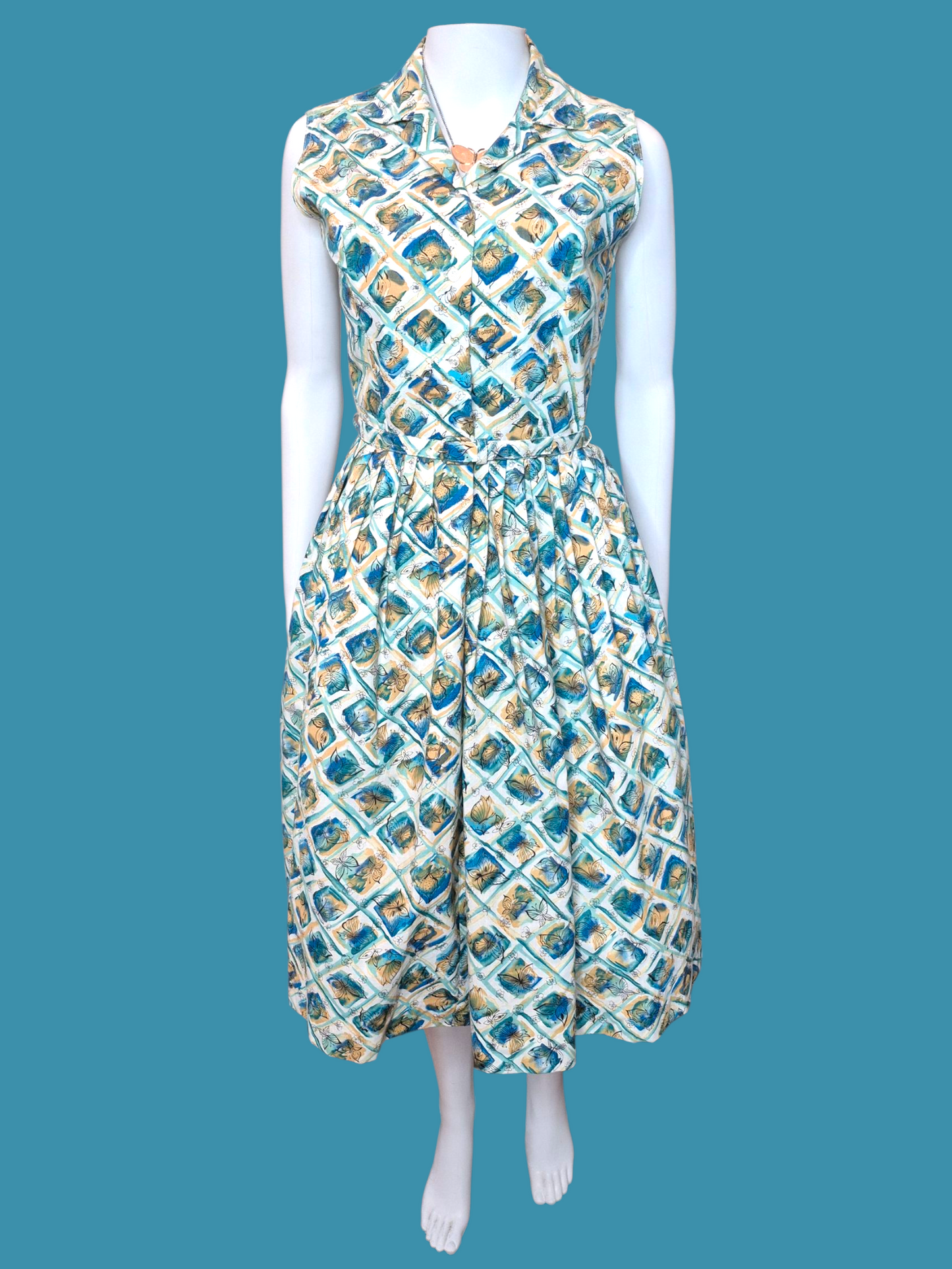 Vintage 1950s Butterfly Novelty Print Dress | Blue & Yellow Cotton shirtwaist fit & flare