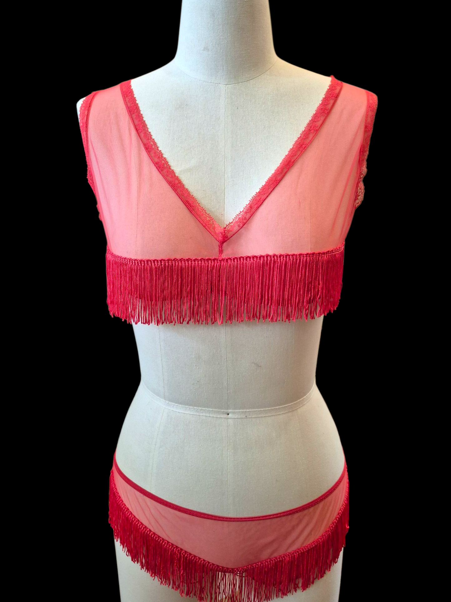 Vintage 1960s 3 pc Red Fringe Burlesque Lingerie Set