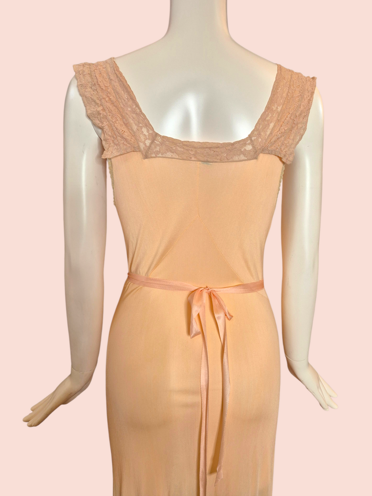 Vintage 1930s Peach Rayon Jersey Knit Nightgown with Lace Trim
