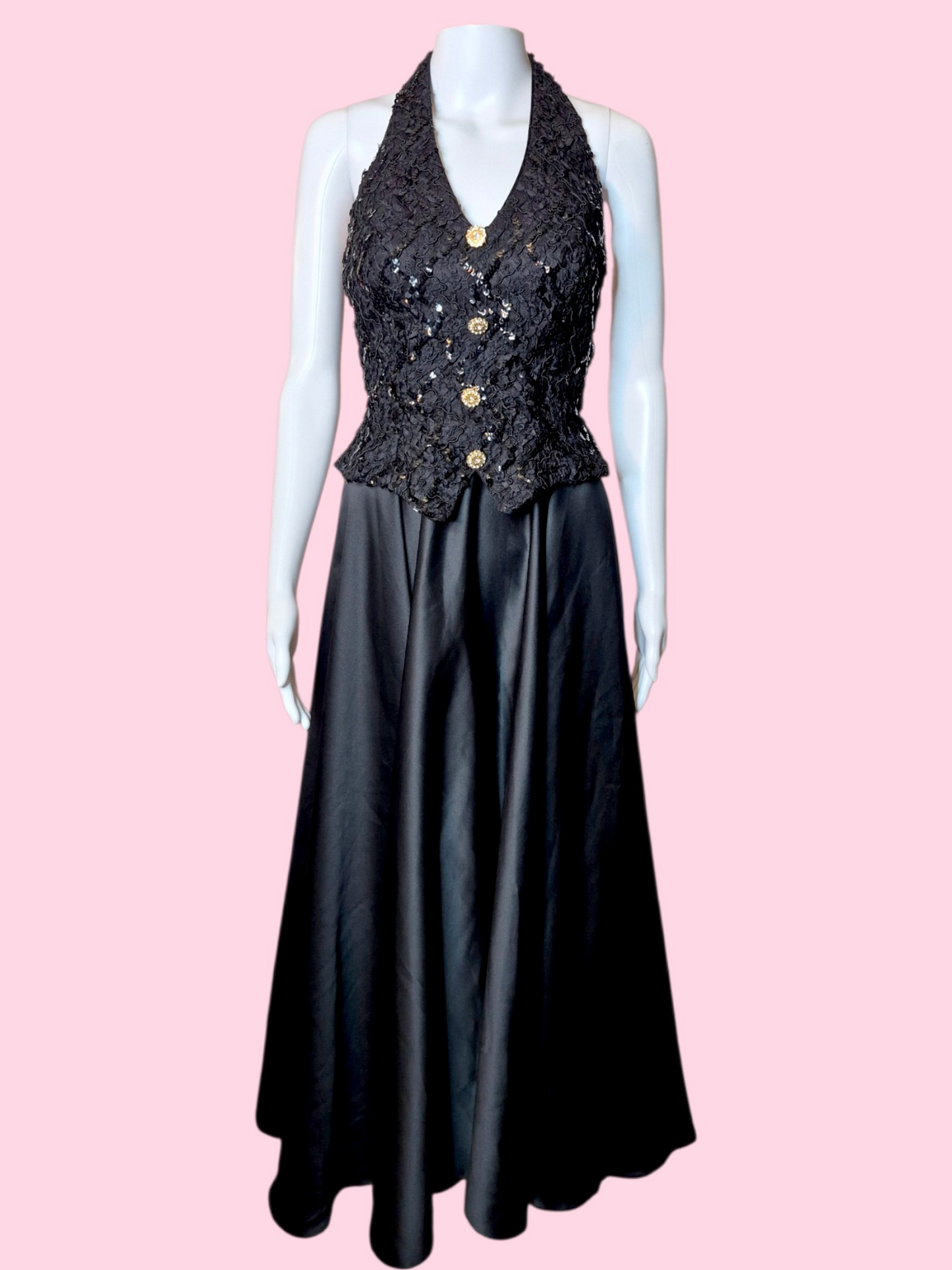Vintage 1980s Black satin & sequin halter neck tuxedo gown by Dave & Johnny