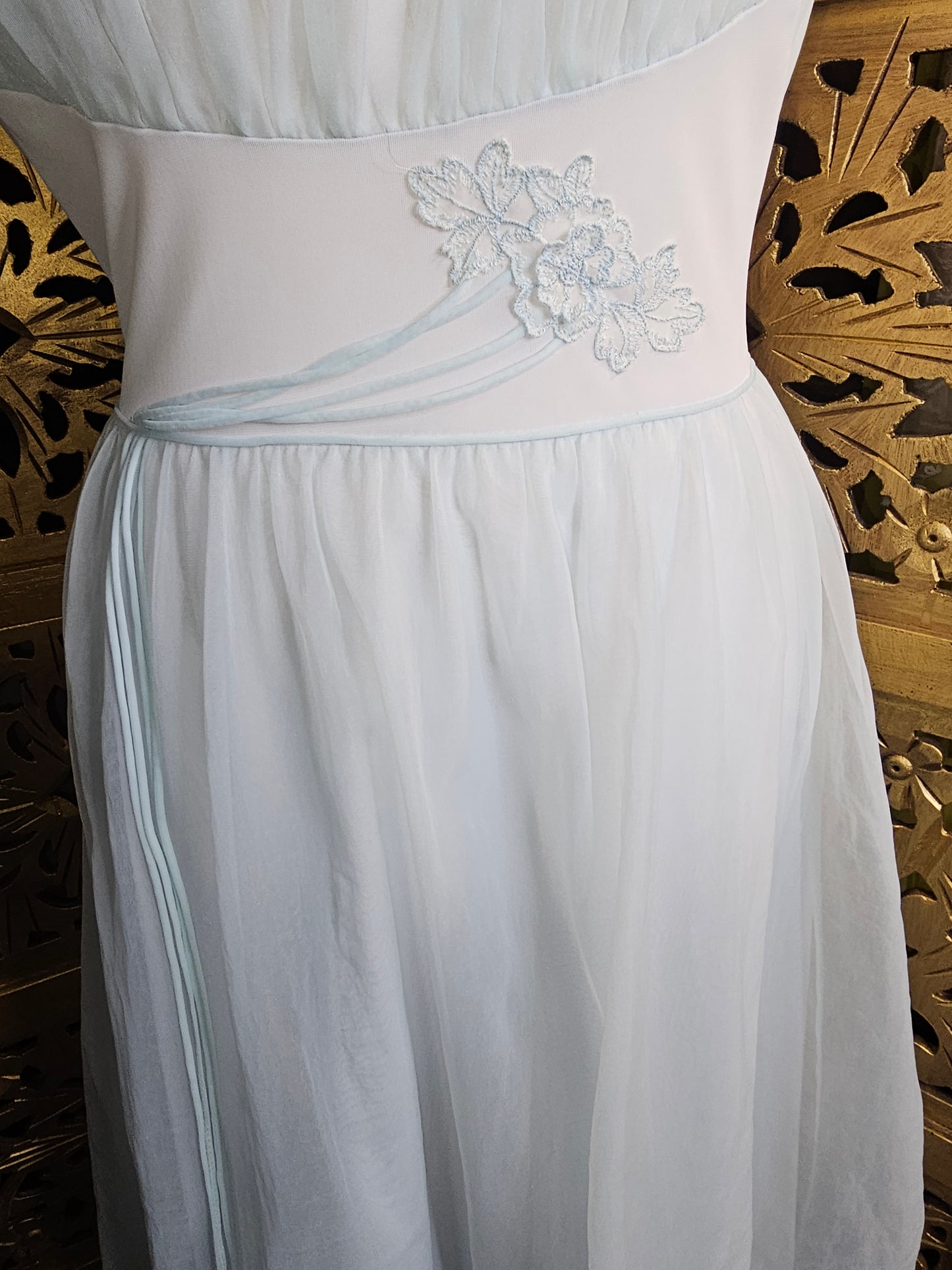 Vintage 1950s Pastel Blue Vanity chiffon Negligee with Floral Embroidery