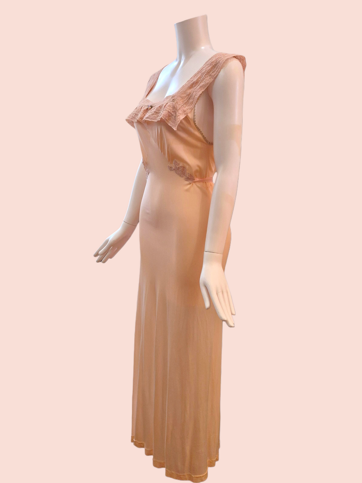Vintage 1930s Peach Rayon Jersey Knit Nightgown with Lace Trim