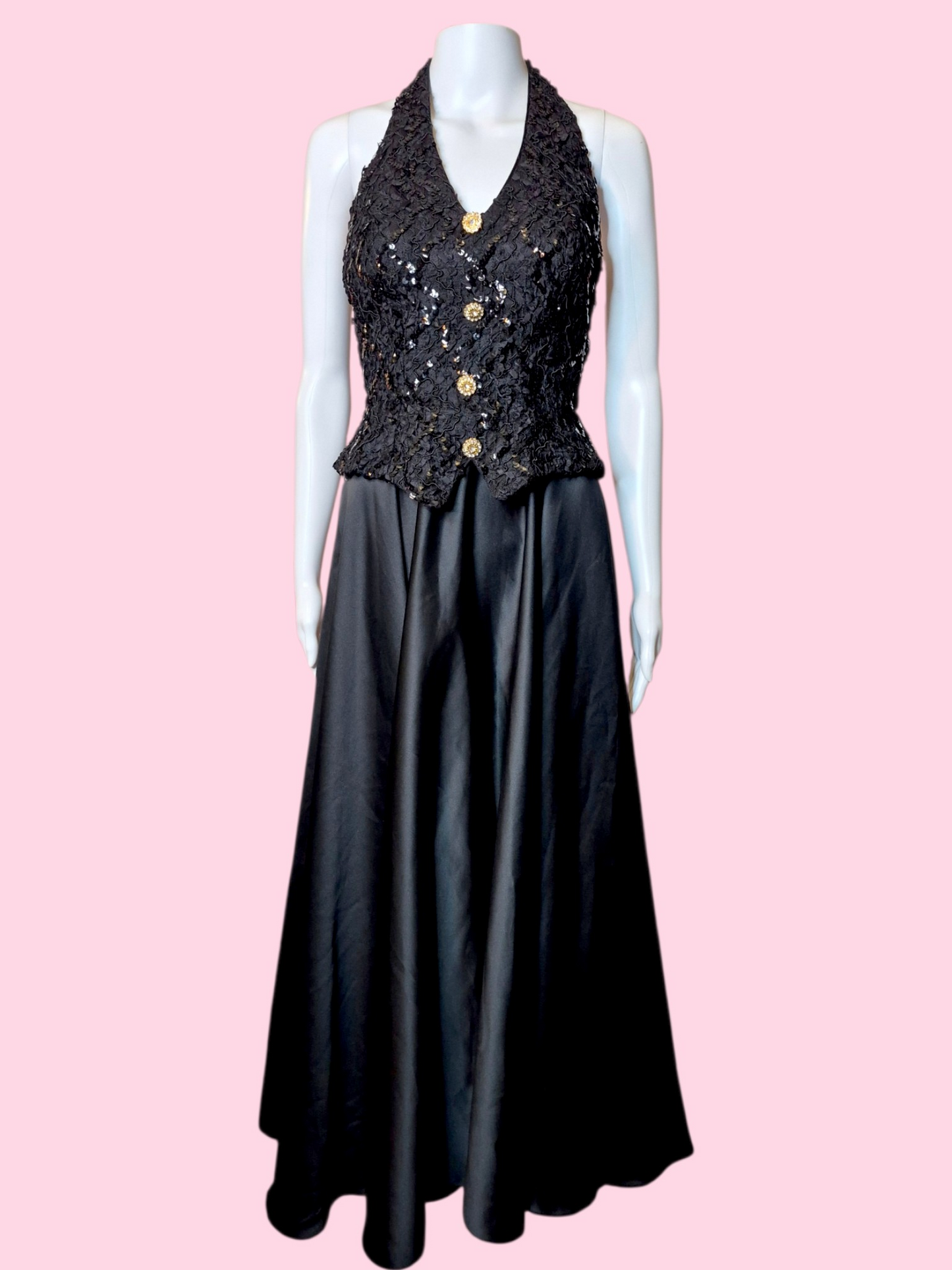 Vintage 1980s Black satin & sequin halter neck tuxedo gown by Dave & Johnny