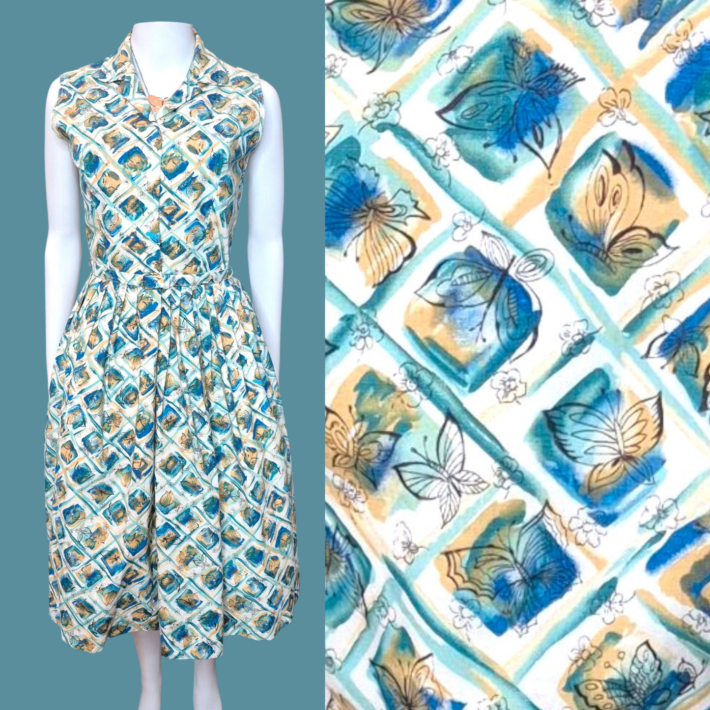 Vintage 1950s Butterfly Novelty Print Dress | Blue & Yellow Cotton shirtwaist fit & flare